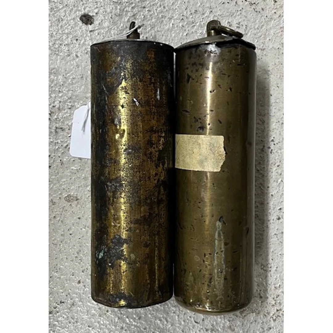 Pair of lacquered brass longcase clock weights, 8" high...