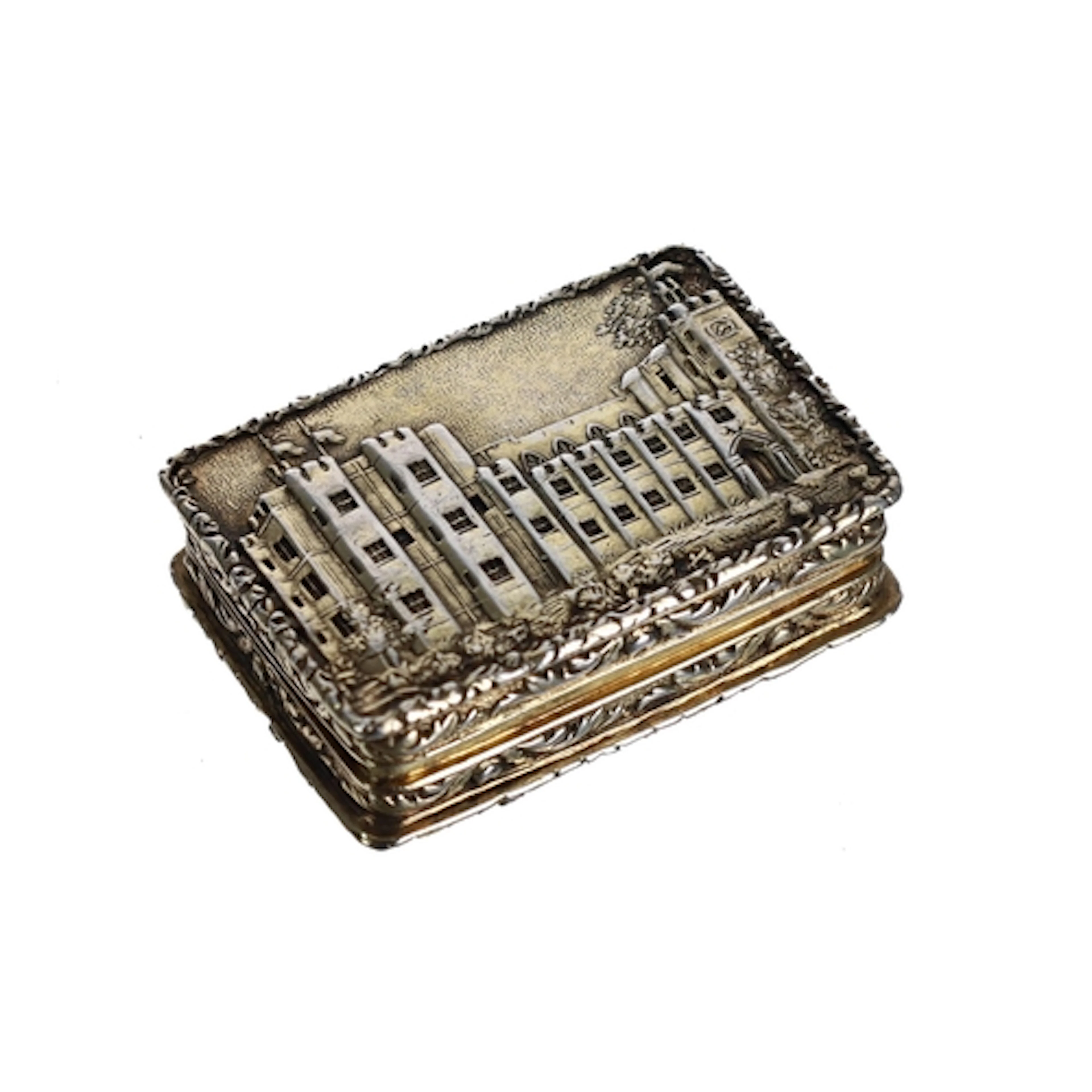 George IV silver gilt castle top vinaigrette, the hinged top...