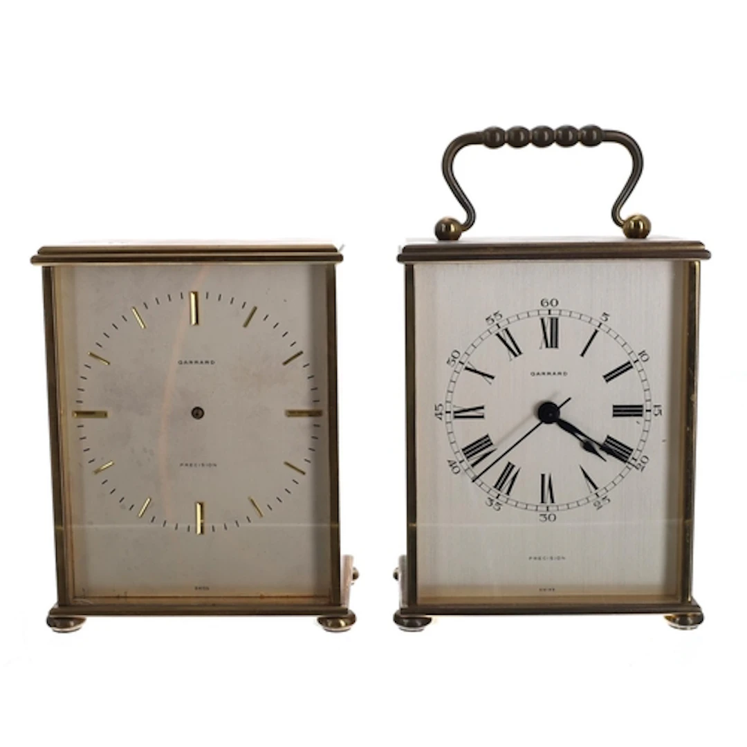 Garrard Precision electric brushed brass cased mantel clock,...
