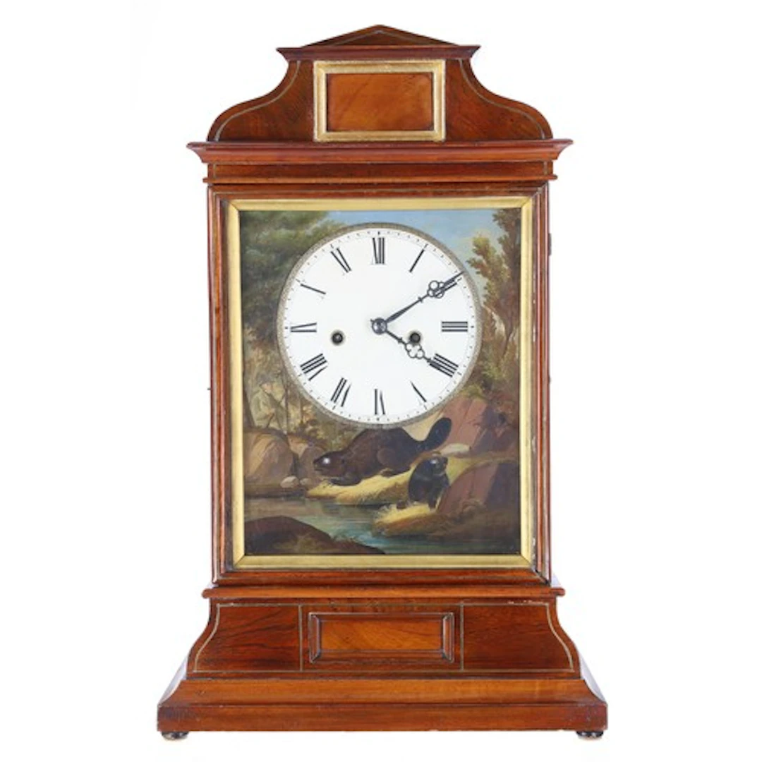 Fine German Black Forest automaton mahogany table clock by R...