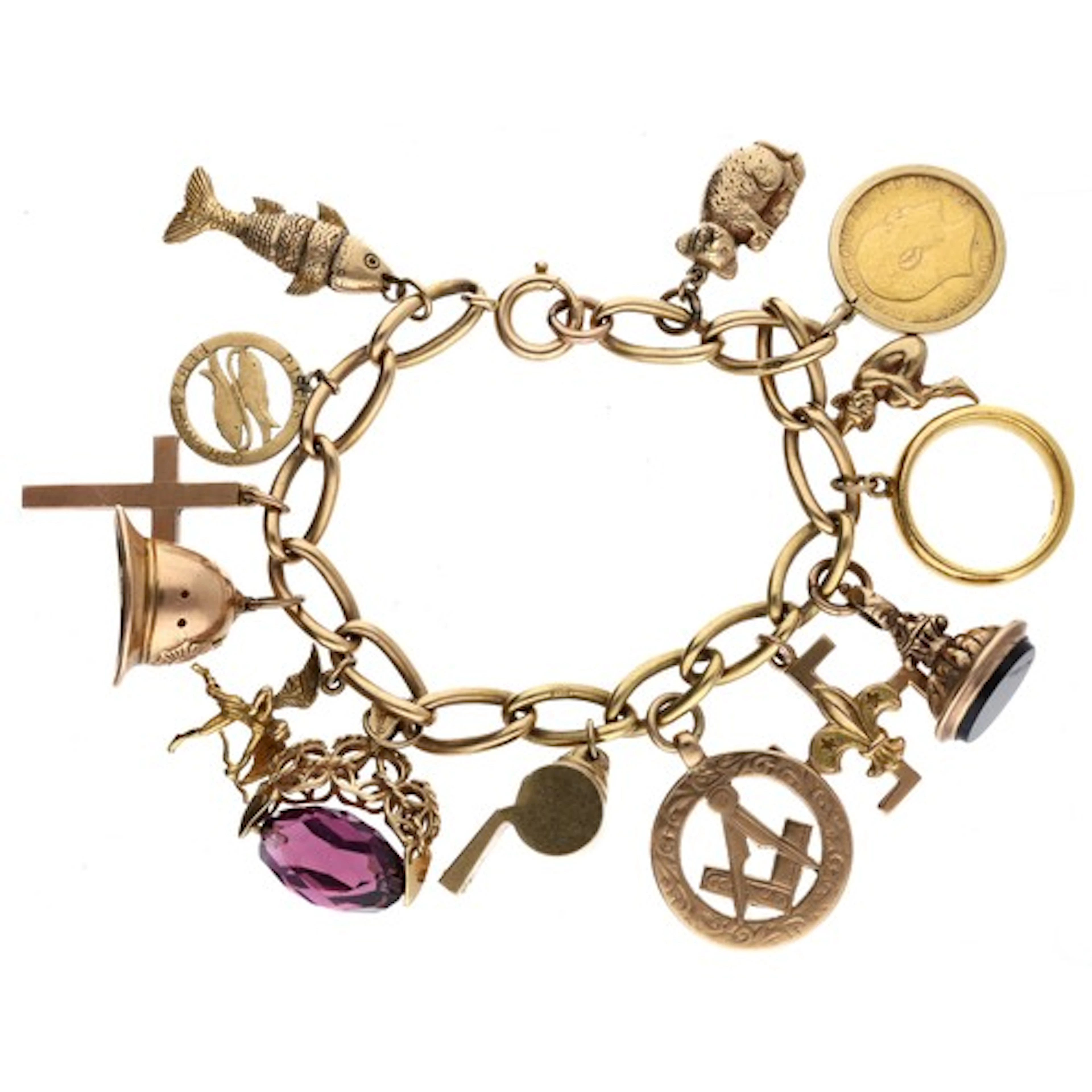 Good 18ct charm bracelet to include a 1907 half sovereign co...