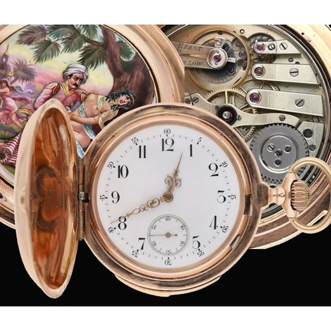 Rare Swiss 14ct rose gold minute repeating erotic automaton ...