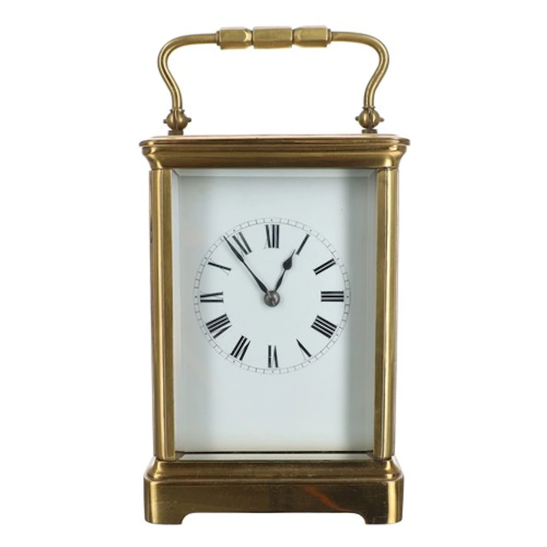 French striking brass carriage clock, white Roman numeral di...