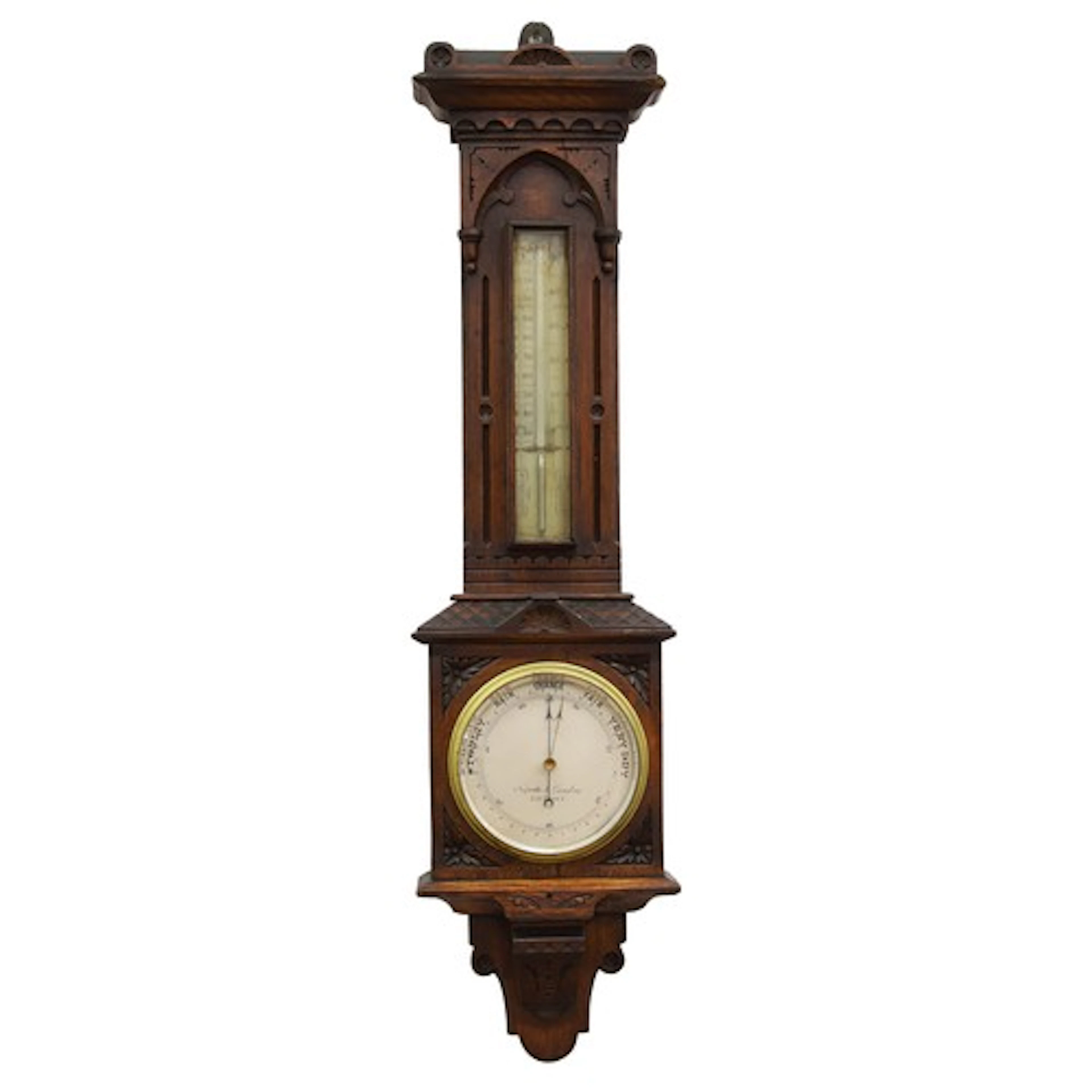 Late 19th century carved oak barometer, ornate case mounted ...