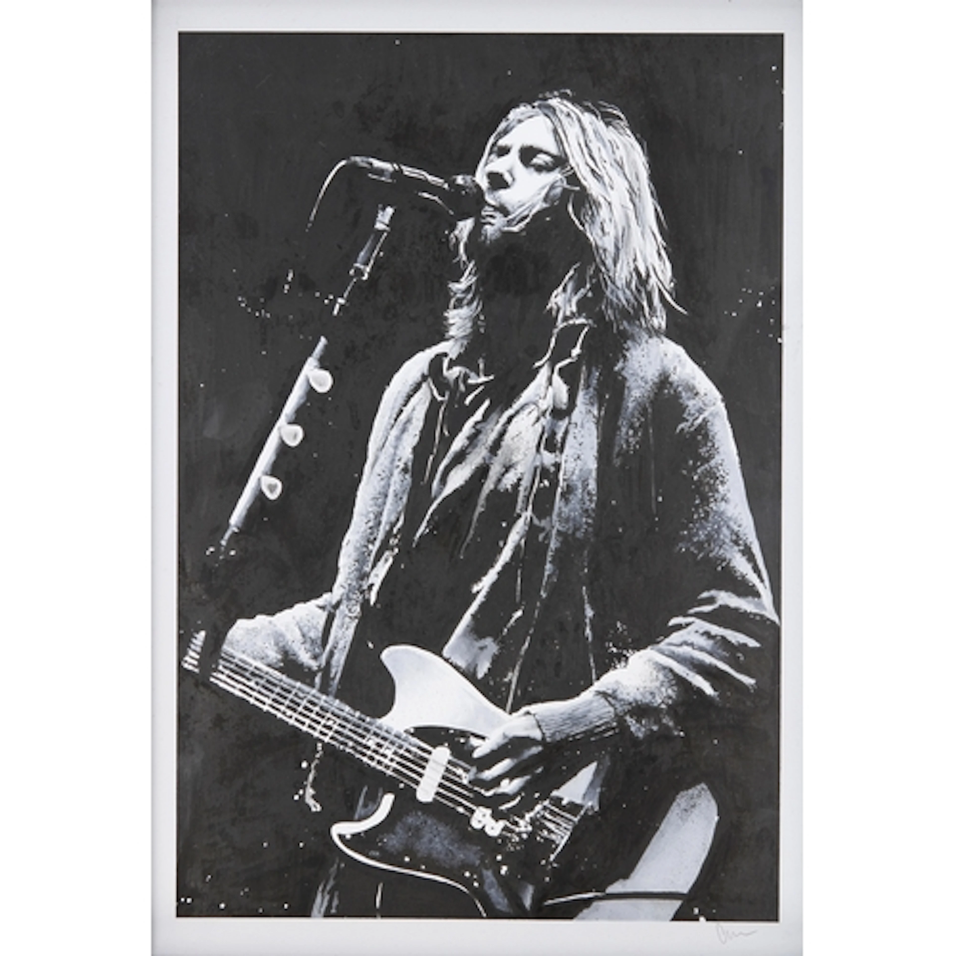 Nirvana interest - Framed black ink portrait of Kurt Cobain,...