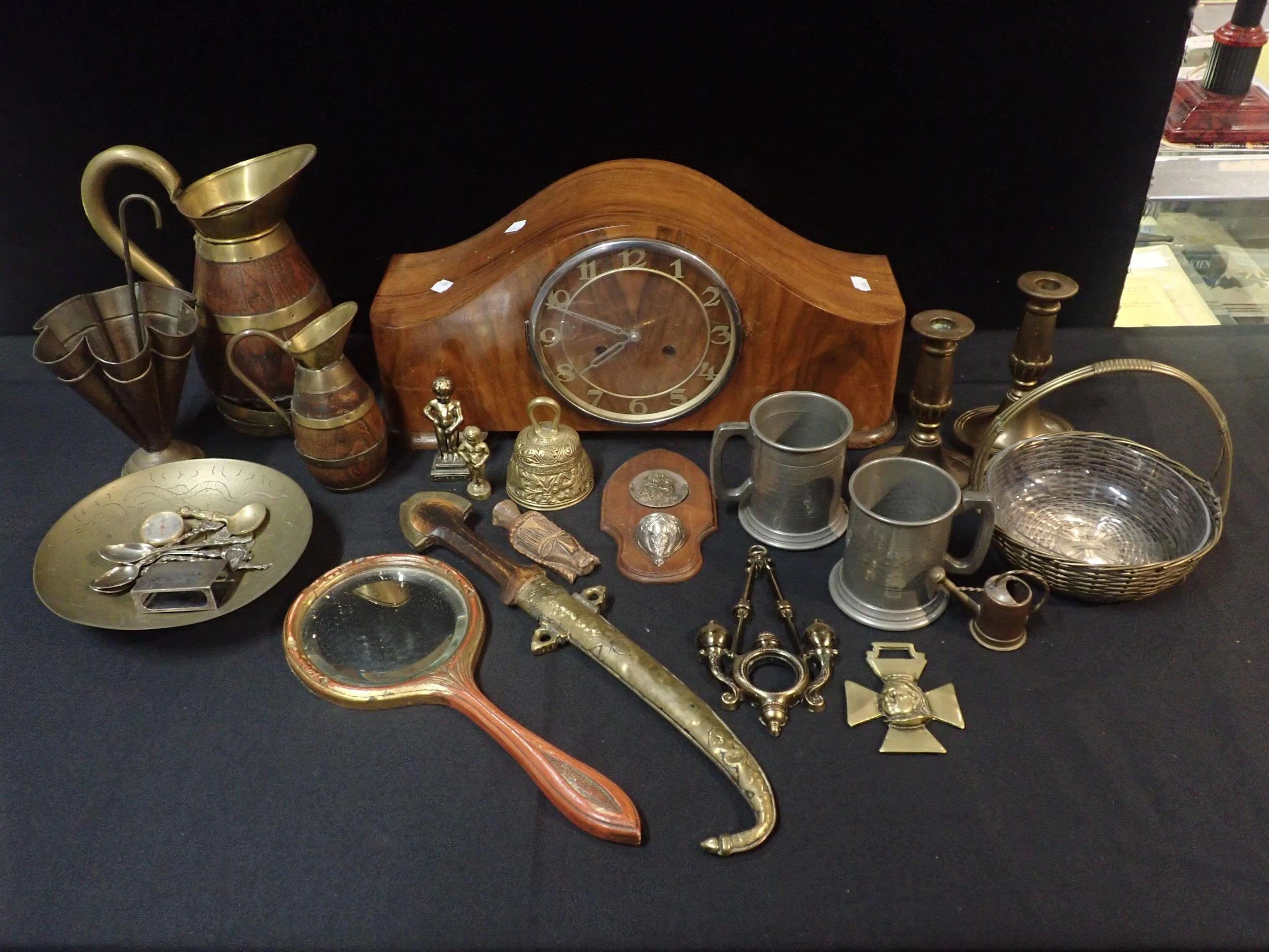 A CHIMING WALNUT CASED MANTEL OR SIDEBOARD CLOCK