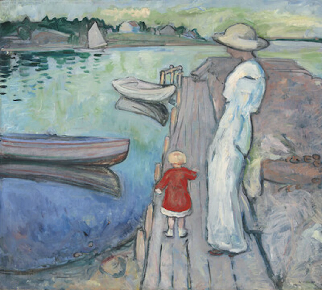 Mor og barn på brygge Olje på lerret, 103 x 109 cm Signert nede til