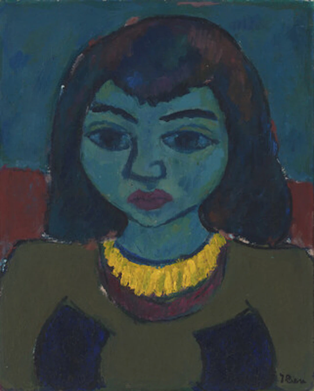 "Pike med blaat haar og gul krave" 1949 Olje på plate, 46 x 37 cm