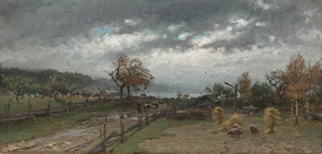 "Høst. Regn i Solskin" 1877 Olje på lerret, 65 x 135 cm Signert nede