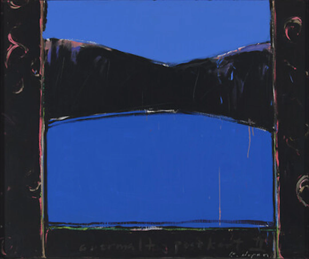 "Overmalt postkort II" 1982 Olje på lerret, 92 x 111 cm Signert nede