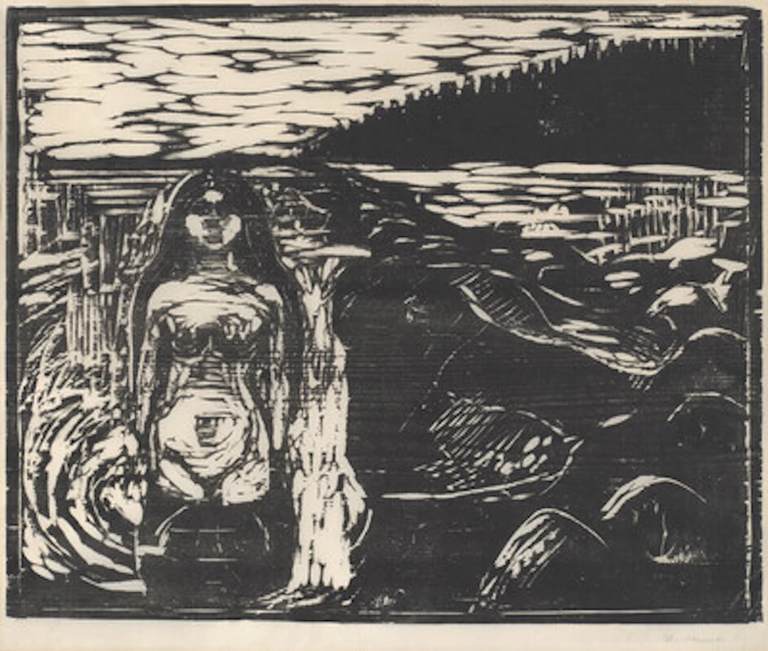 "Badende kvinne" / "Woman Bathing" 1899 Tresnitt trykket i svart