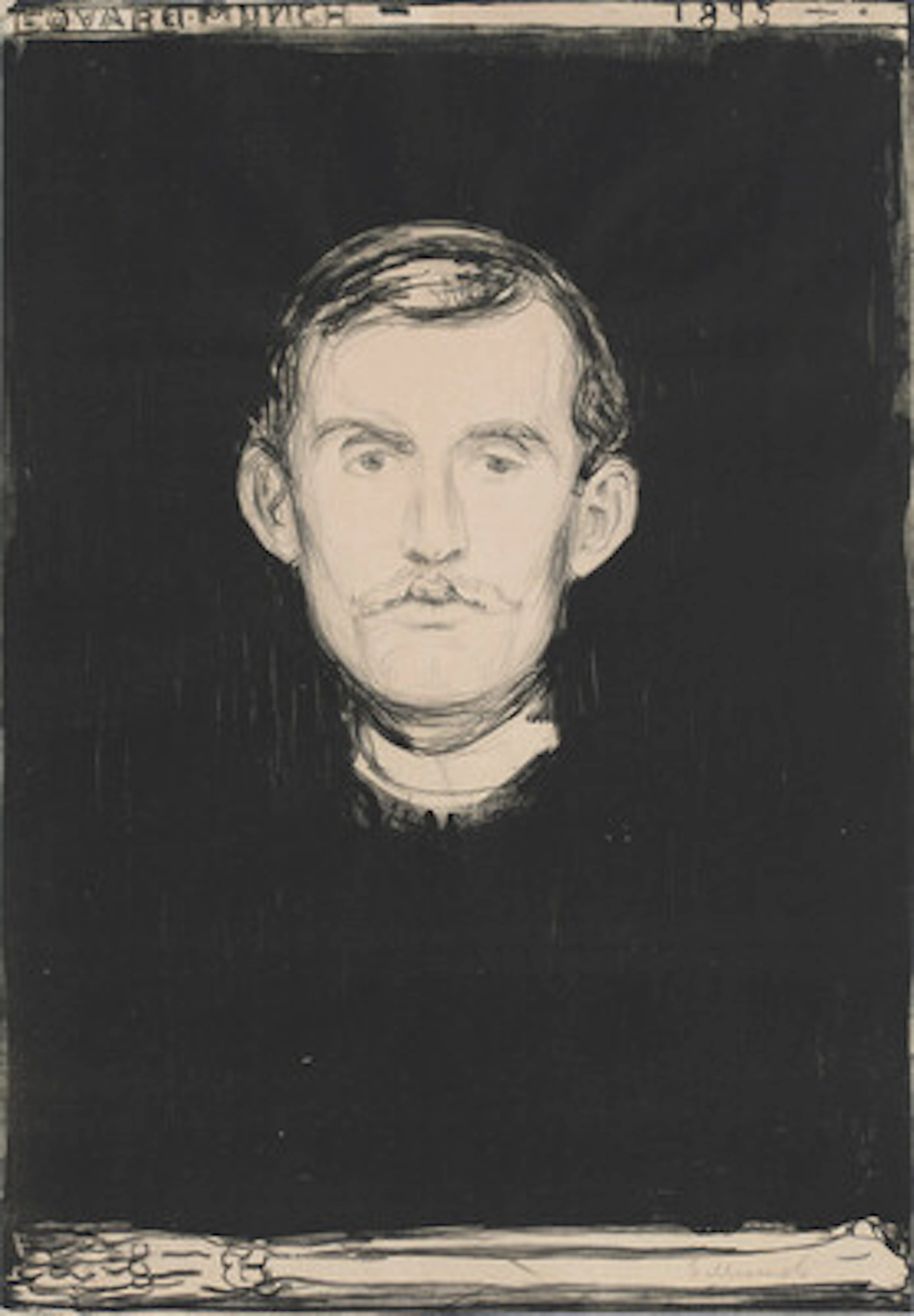"Selvportrett" / "Self-Portrait" 1895 Litografi trykket i svart Papirmål