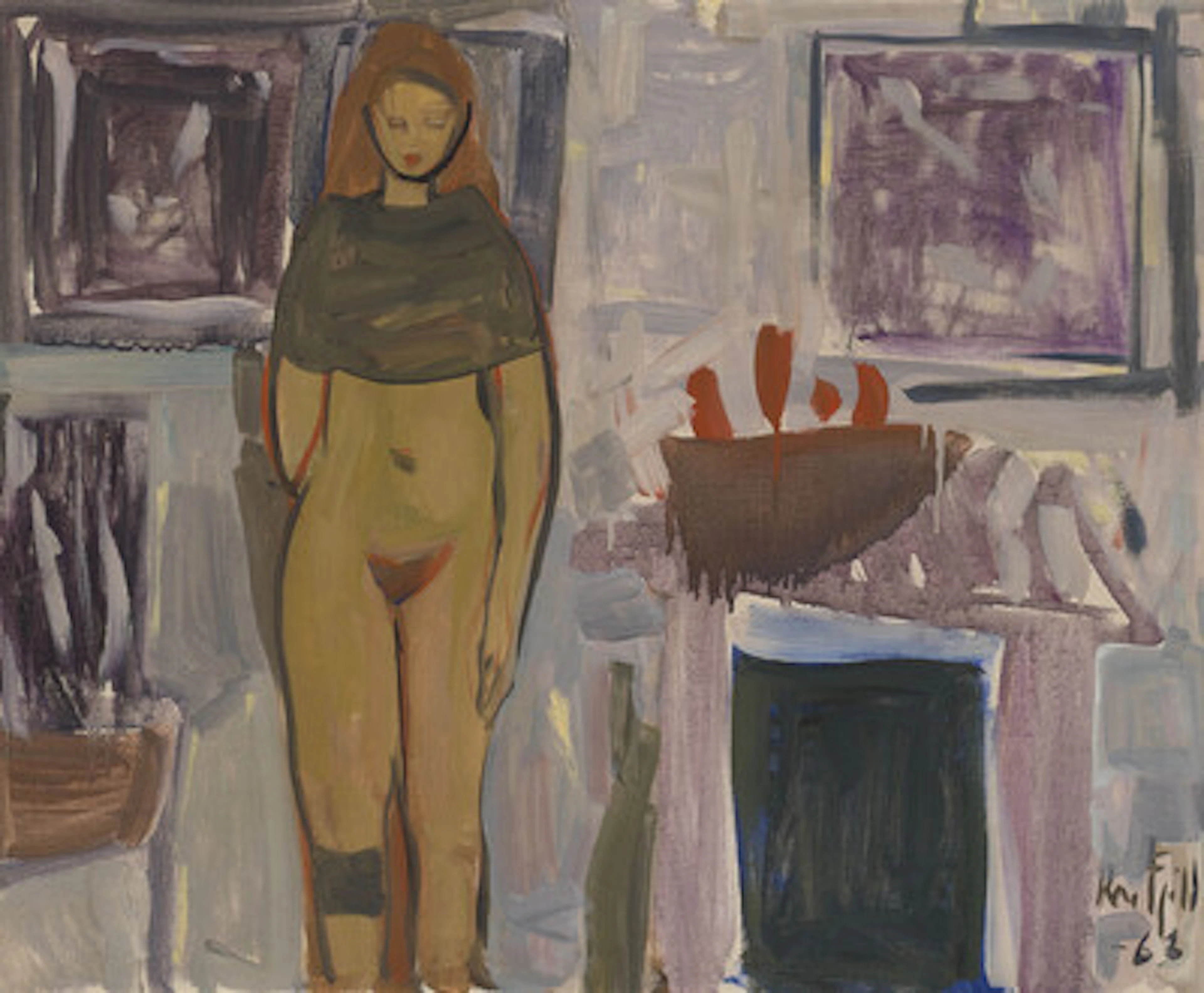 Interiør med kvinne, 1963 Olje på lerret, 65 x 80 cm Signert nede