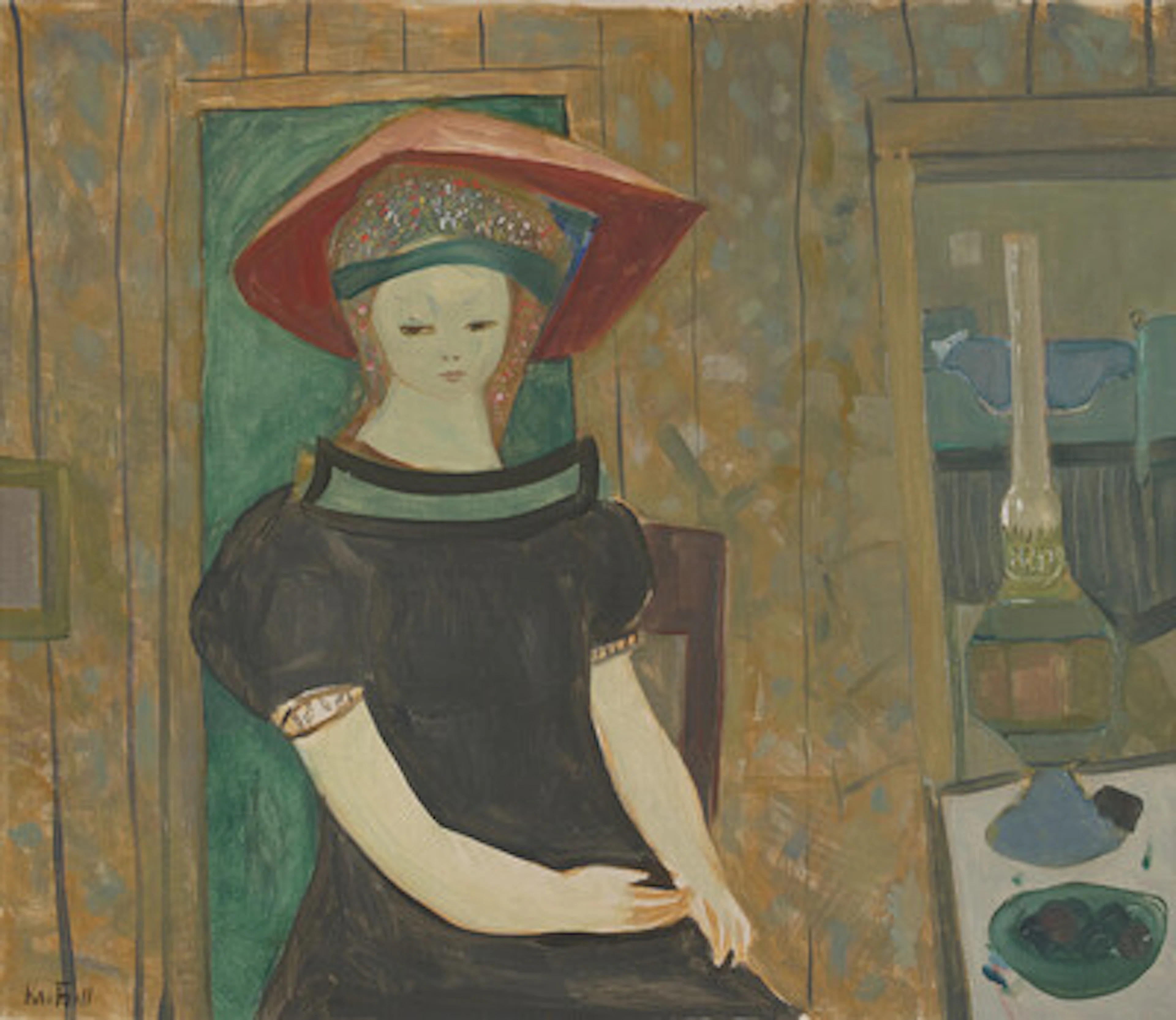 "Pike og lampe" ca. 1960 Olje på lerret, 60 x 70 cm Signert nede til