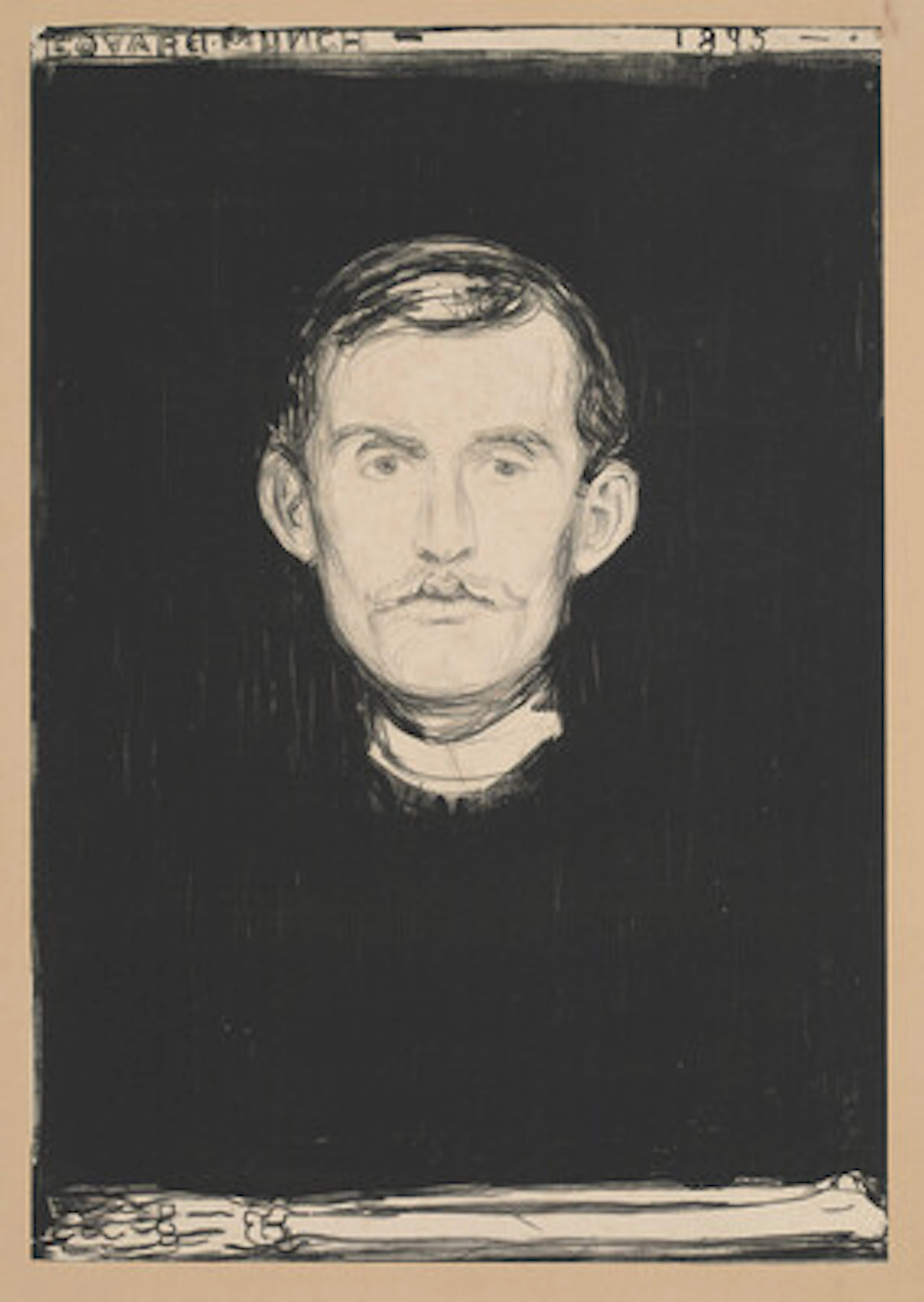 "Selvportrett" / "Self-Portrait" 1895 Litografi trykket i svart Papirmål