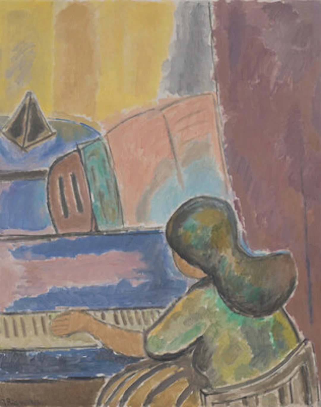 Kvinne ved piano, 1948 Olje på lerret, 100 x 80 cm Signert nede til