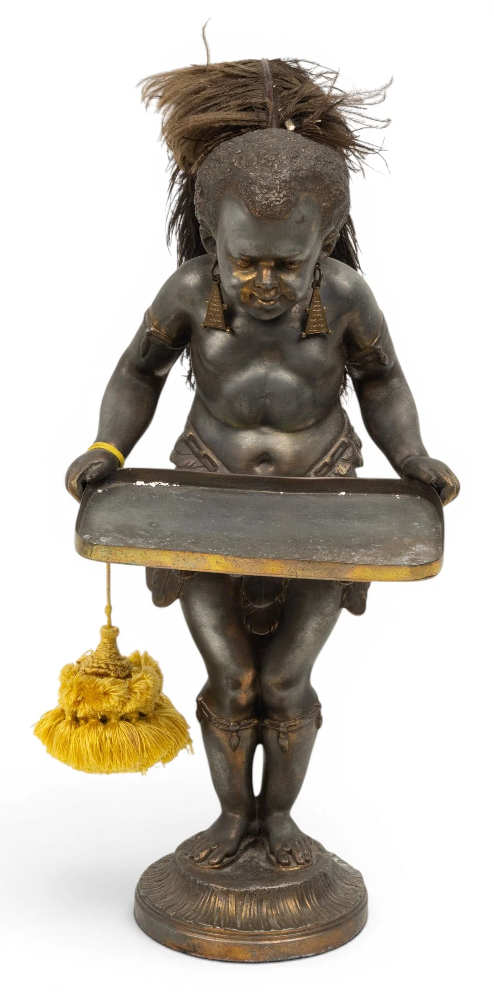 Blackamoor Spelter Statue with Tray, Ca. 19th C., H 17" W 8" Depth 6"