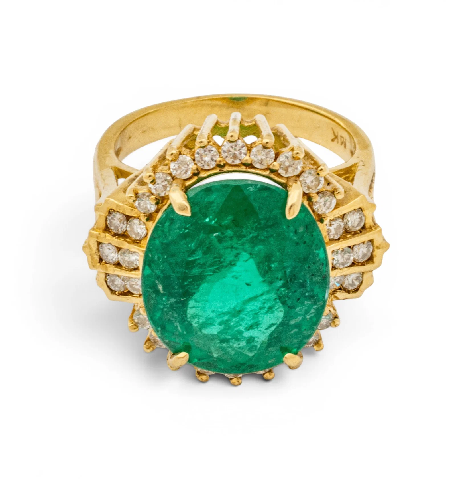 14k Yellow Gold, Emerald, and Diamond Cocktail Ring Size 6.5 8.7 g