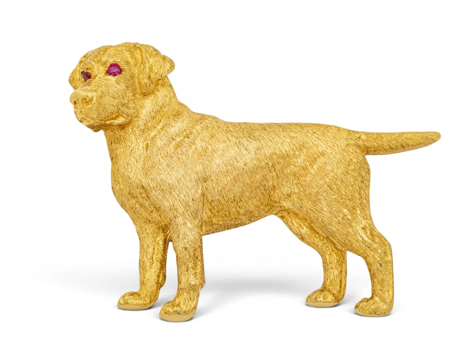 18k Yellow Gold and Ruby Dog Brooch 'Golden Retriever', L 2" 18.5 g