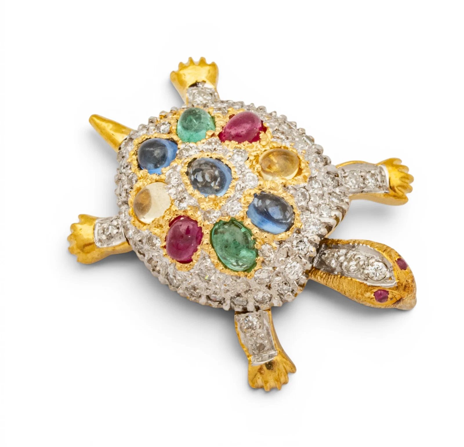 18k White and Yellow Gold, Diamond, and Gem Set Turtle Brooch H 1" 5.2 g