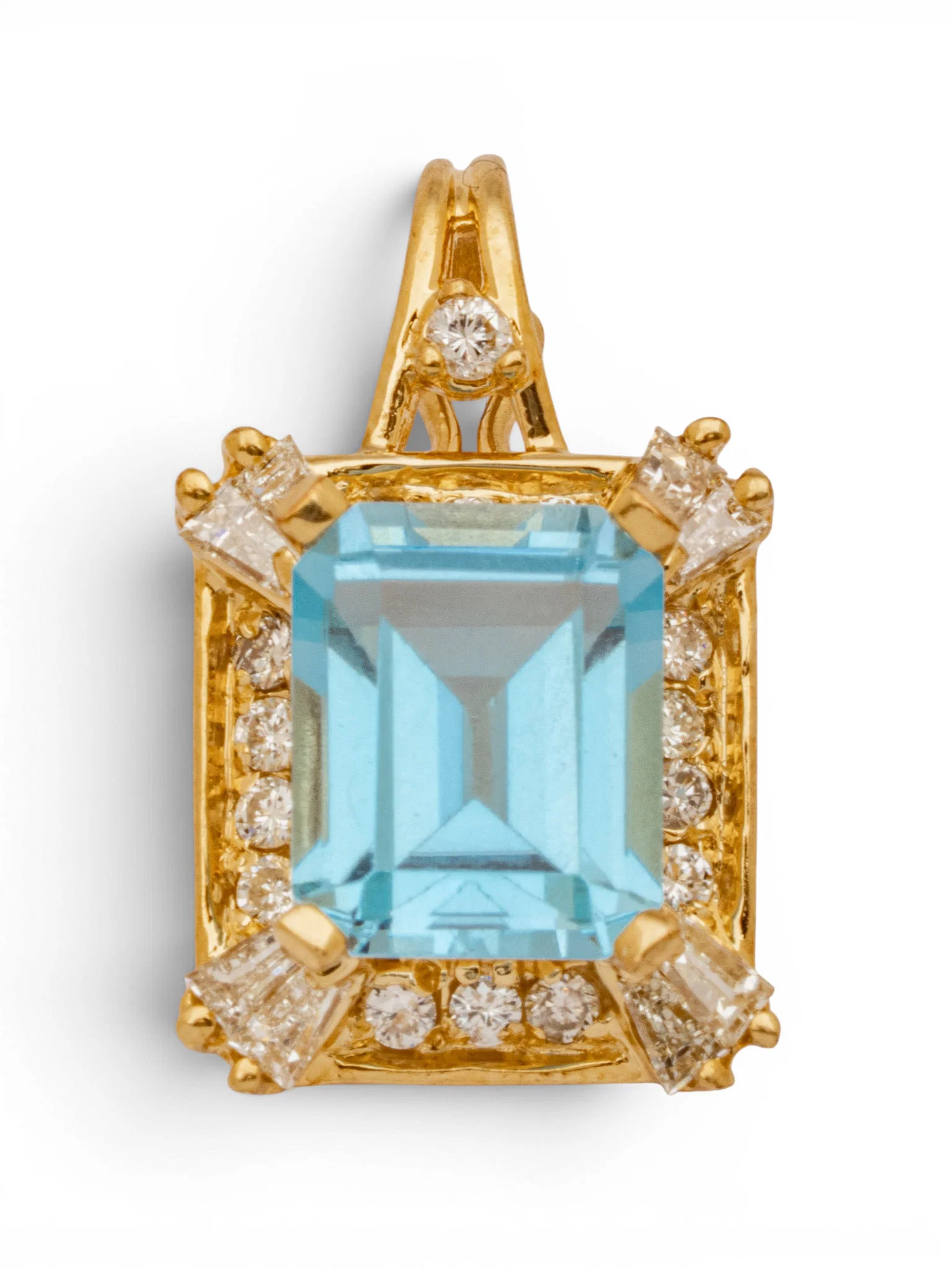 14k Yellow Gold, Blue Topaz, and Diamond Pendant H 1" 4.3 g