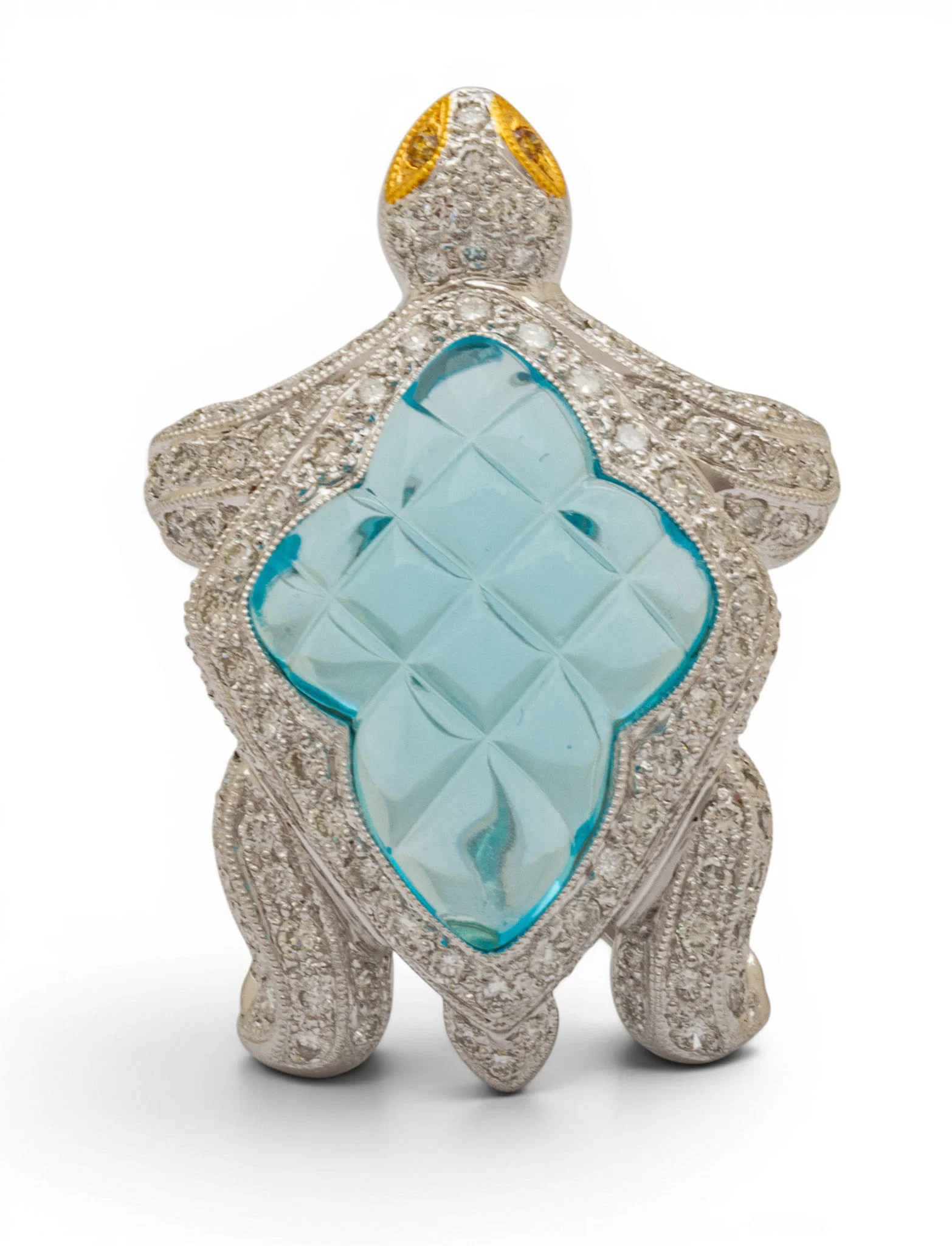 18k White and Yellow Gold, Glass, and Diamond Turtle Brooch L 1.25" 9.9 g