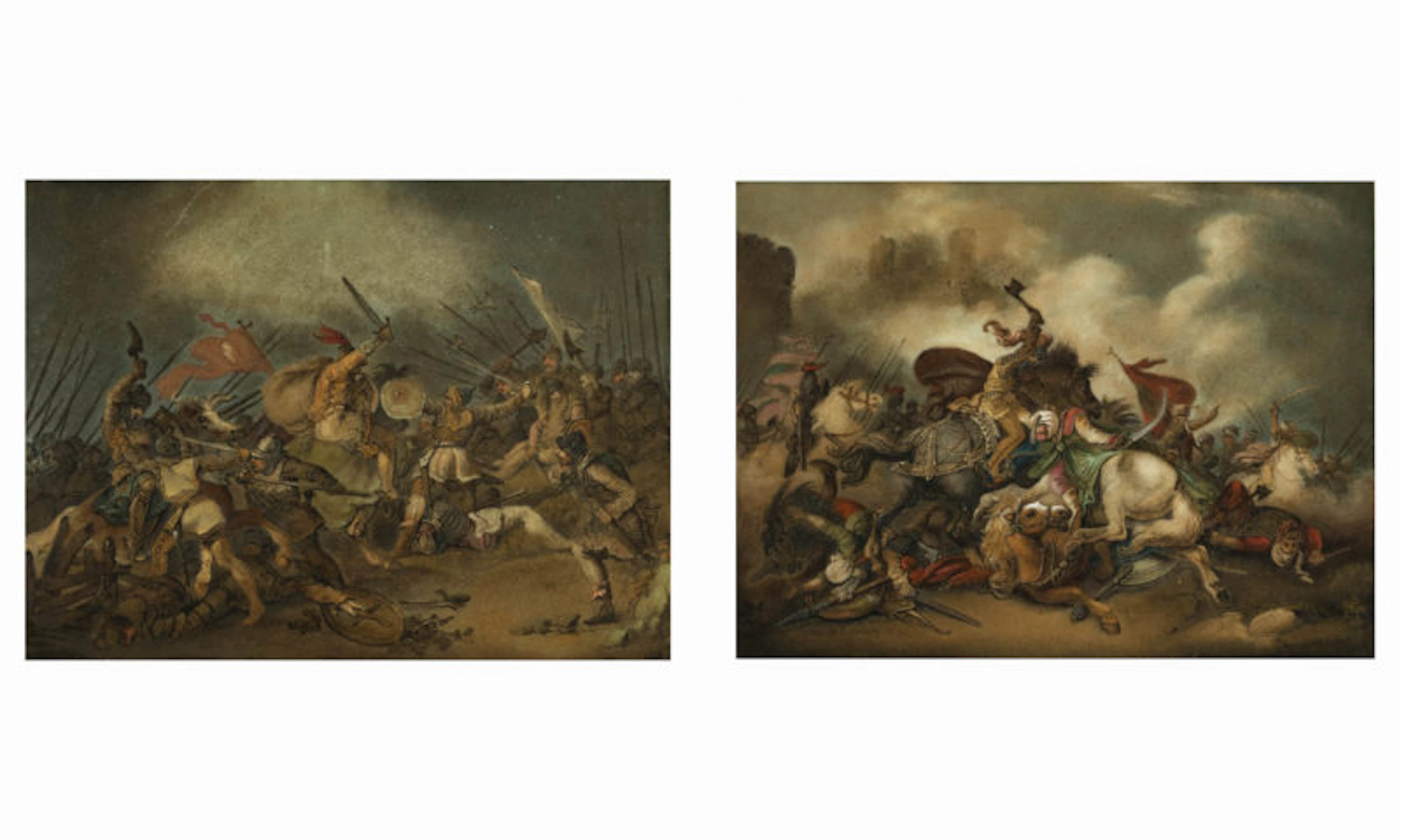 A pair of sand pictures by Benjamin Zobel after paintings by de Loutherbourg
