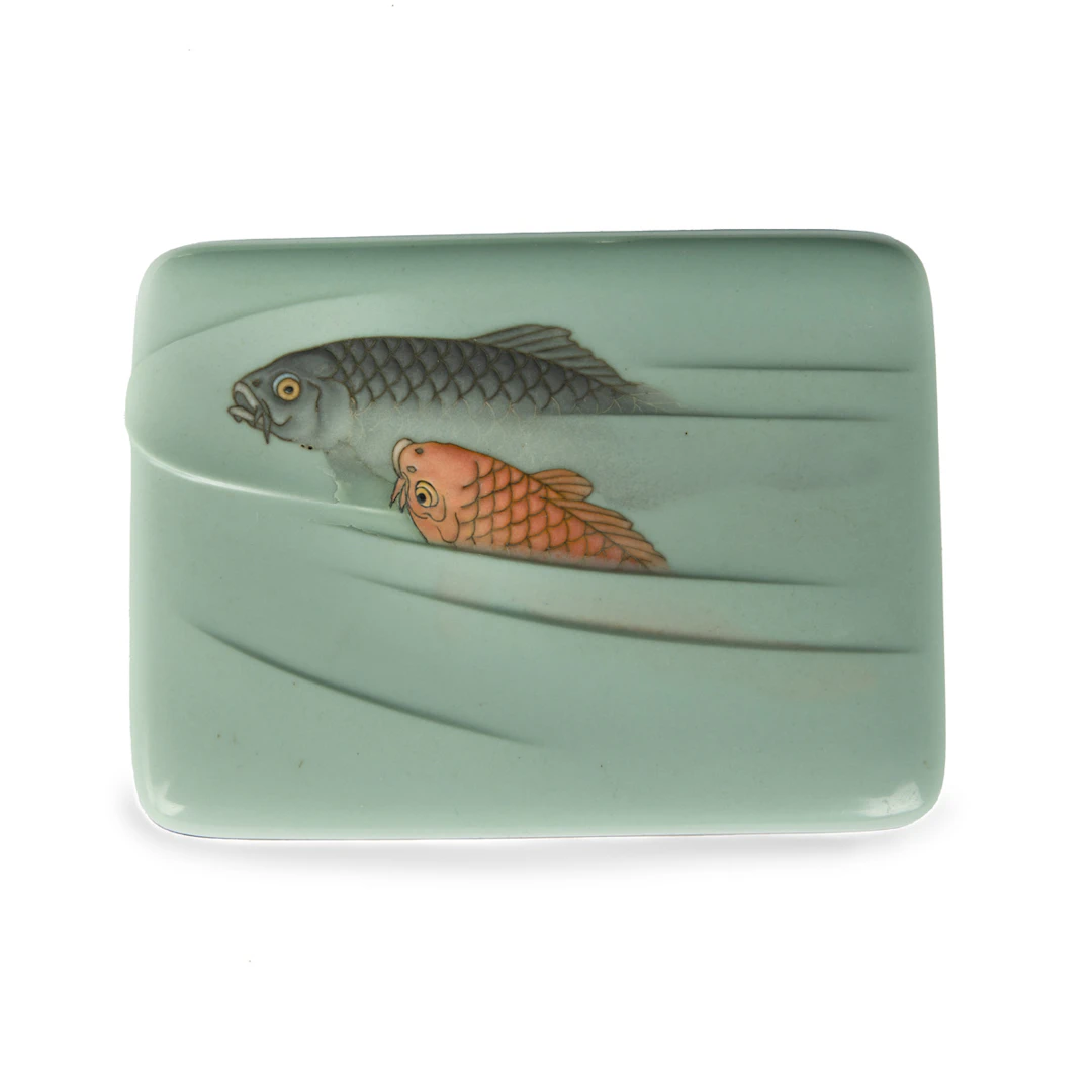 A Meiji period moriage cloisonné box and cover with two carp