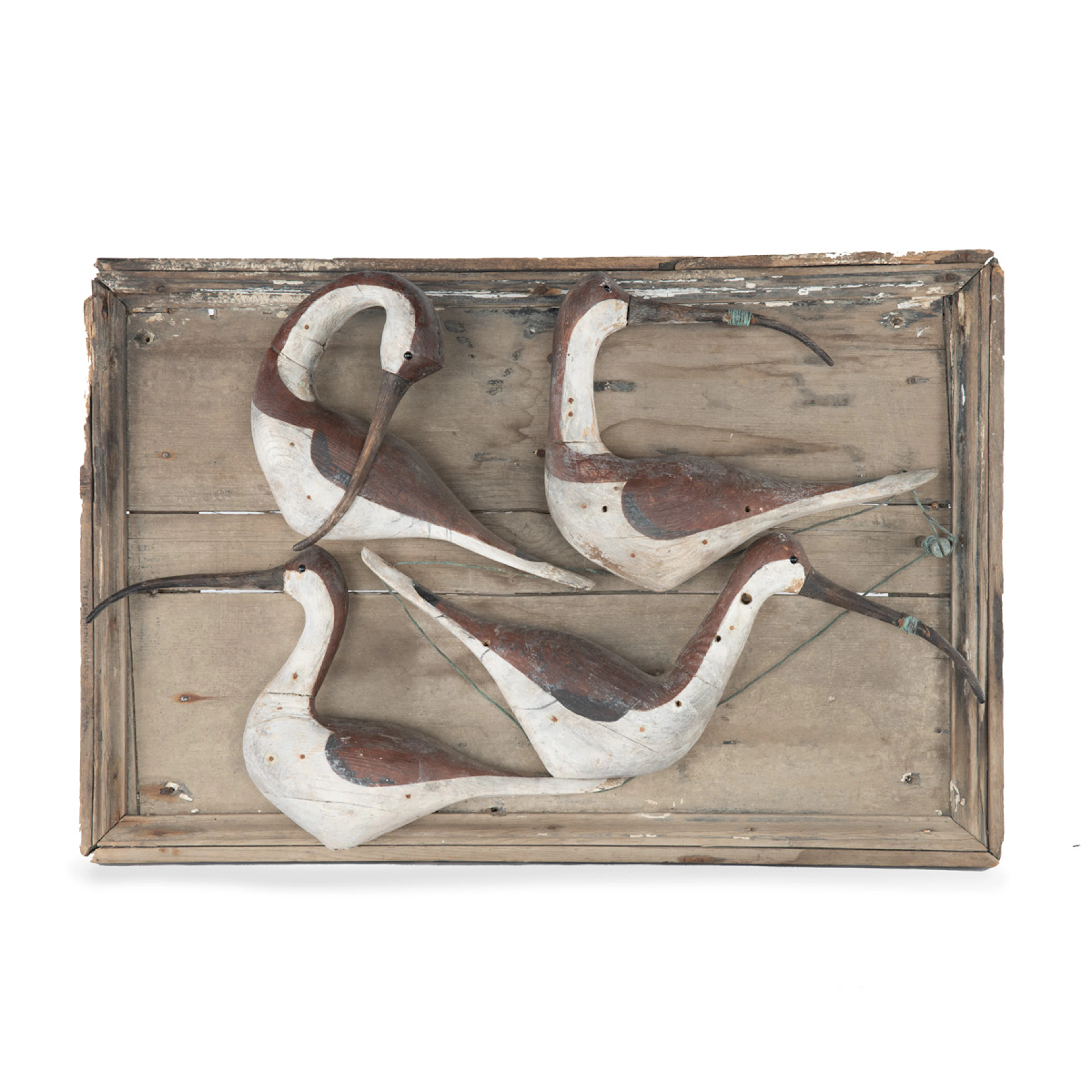 A Wall-mounted Sculpture of Four Sandpipers, Carved, Painted and With