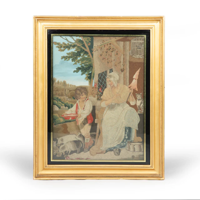 A fine Regency silkwork picture of The Industrious Cottage Wife after