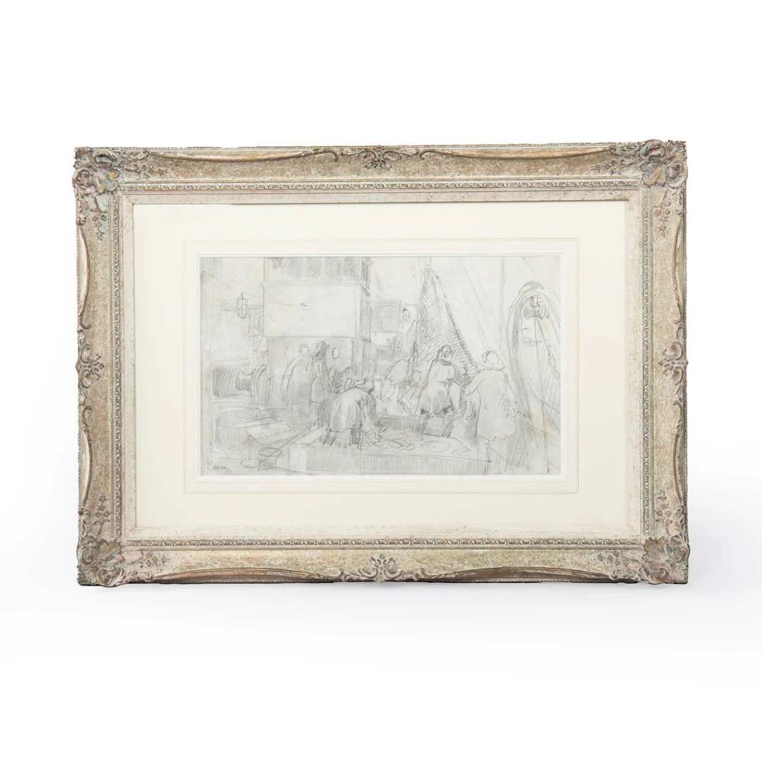 Montague Dawson: pencil sketch on paper of Trawler Men sorting the catch