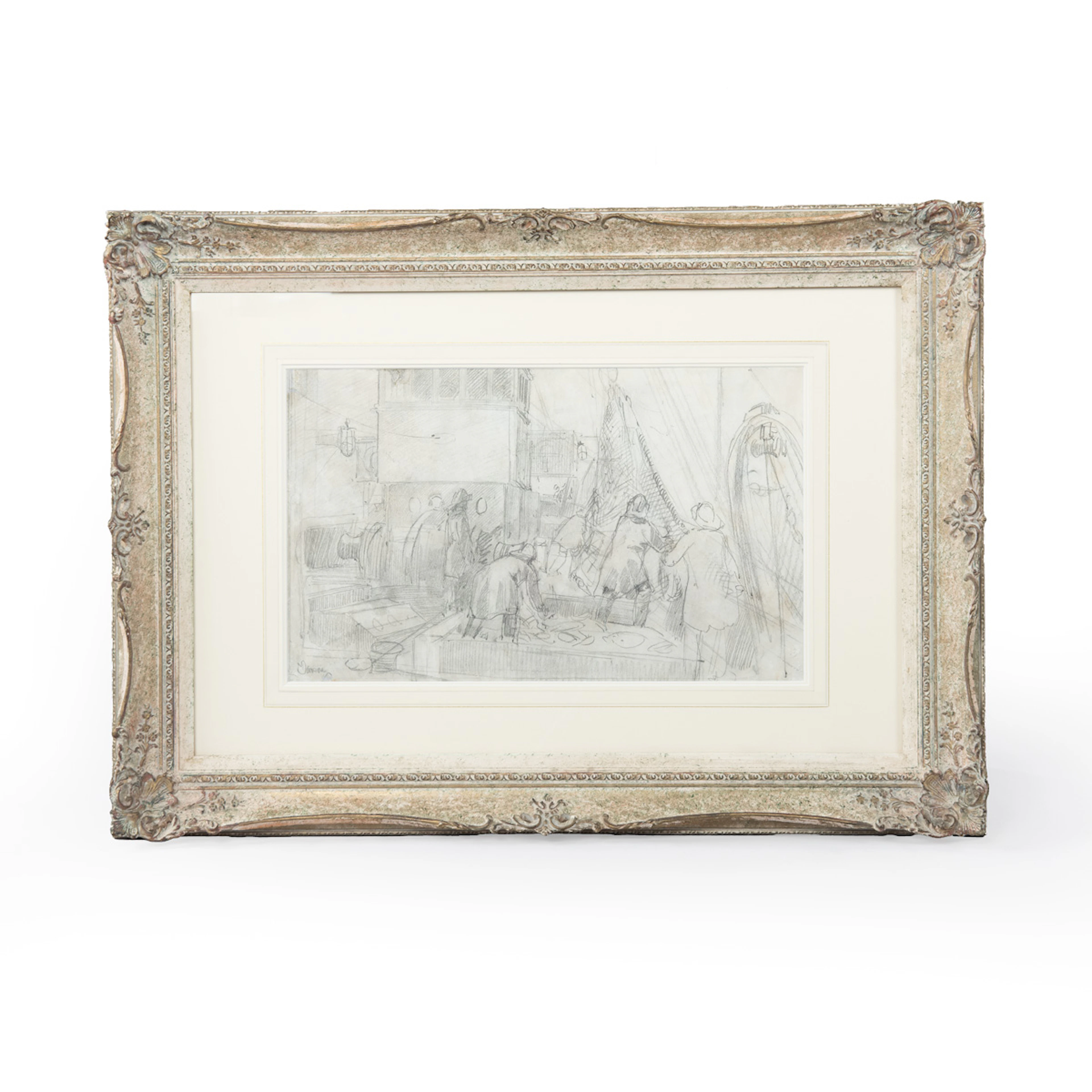 Montague Dawson: pencil sketch on paper of Trawler Men sorting the catch