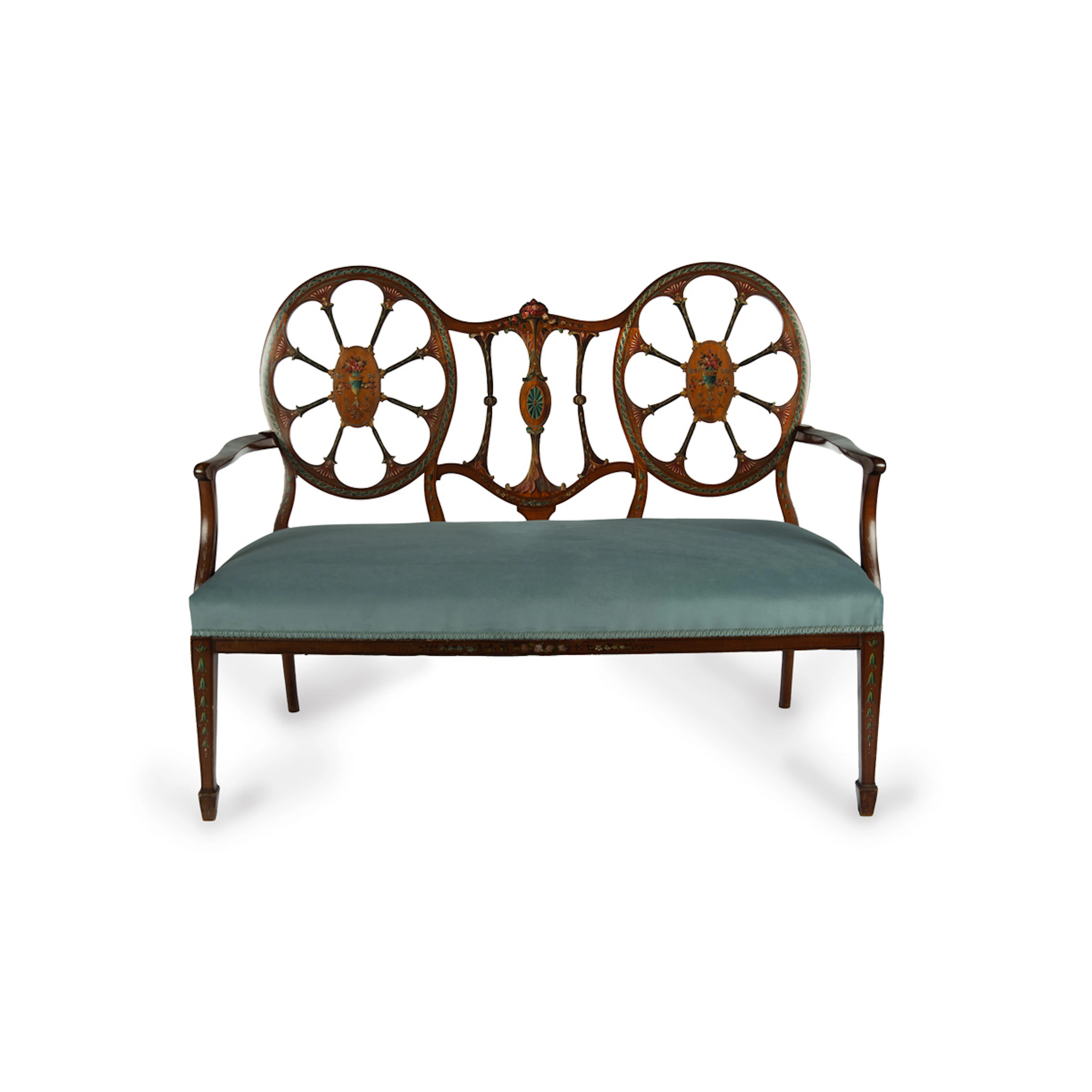 A late Victorian satinwood wheel back settee in the Chippendale style