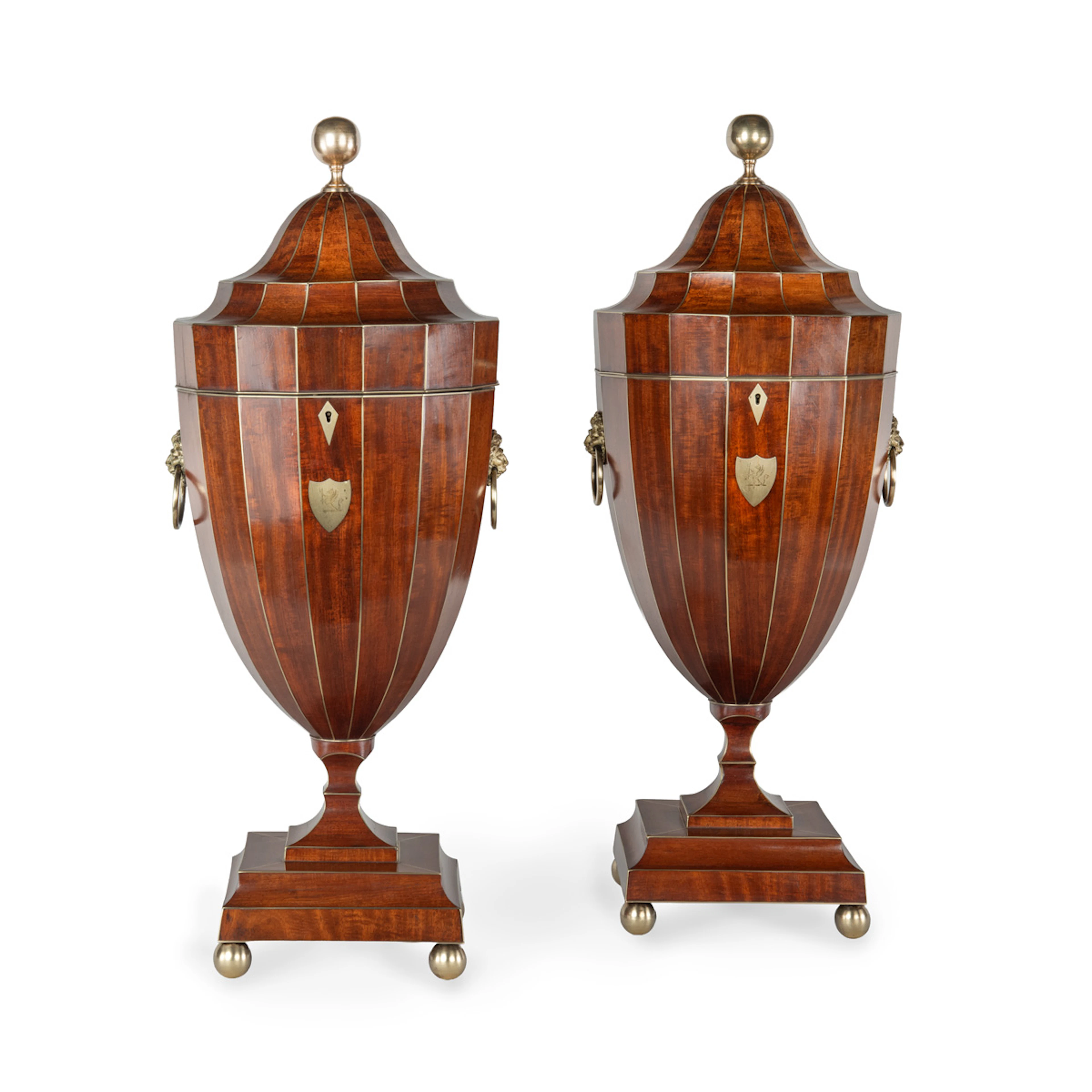 A Fine Pair of Brass Strung Mahogany Knife Urns with Armorials, Likely