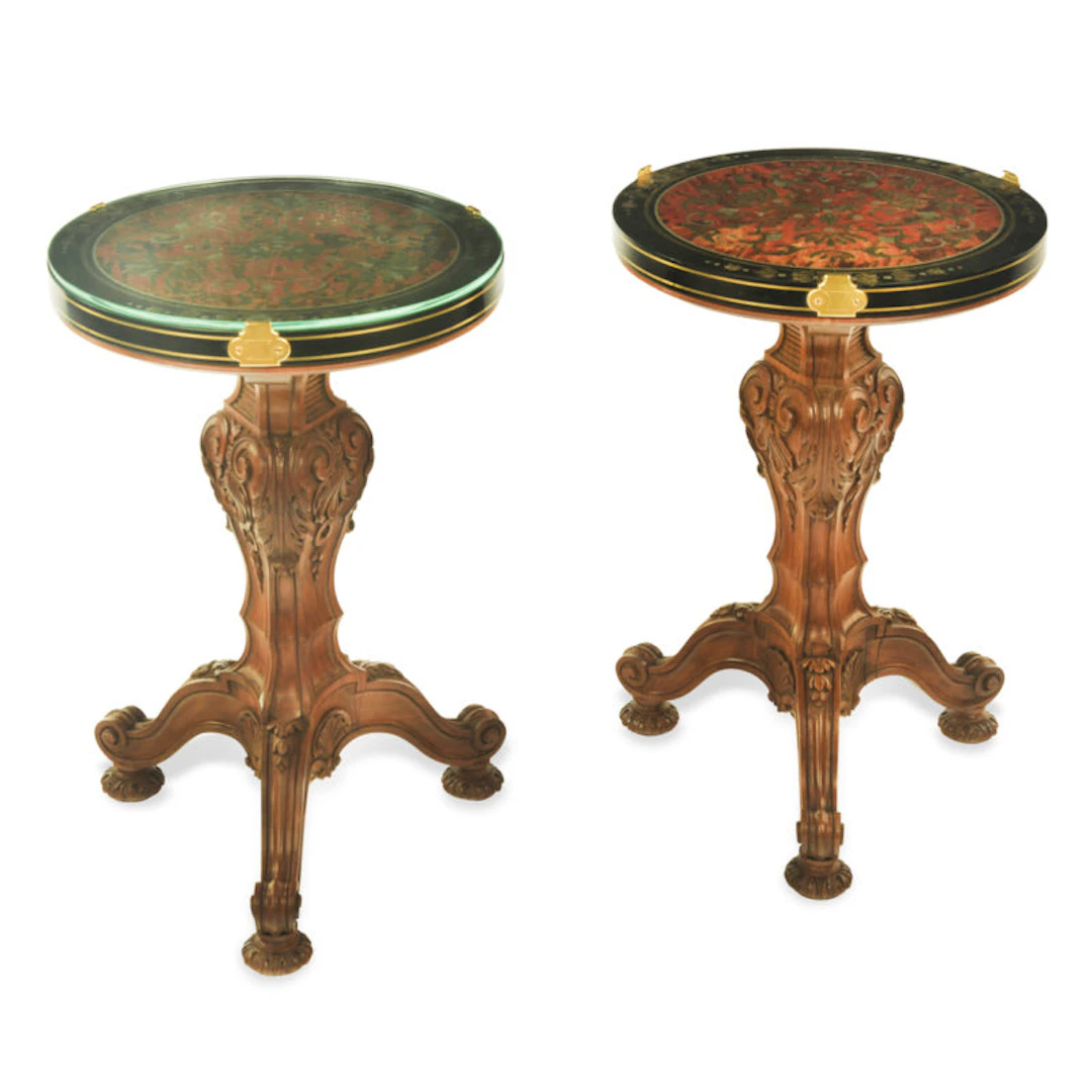 A pair of small walnut tables with Boulle-work tops by Pillinini