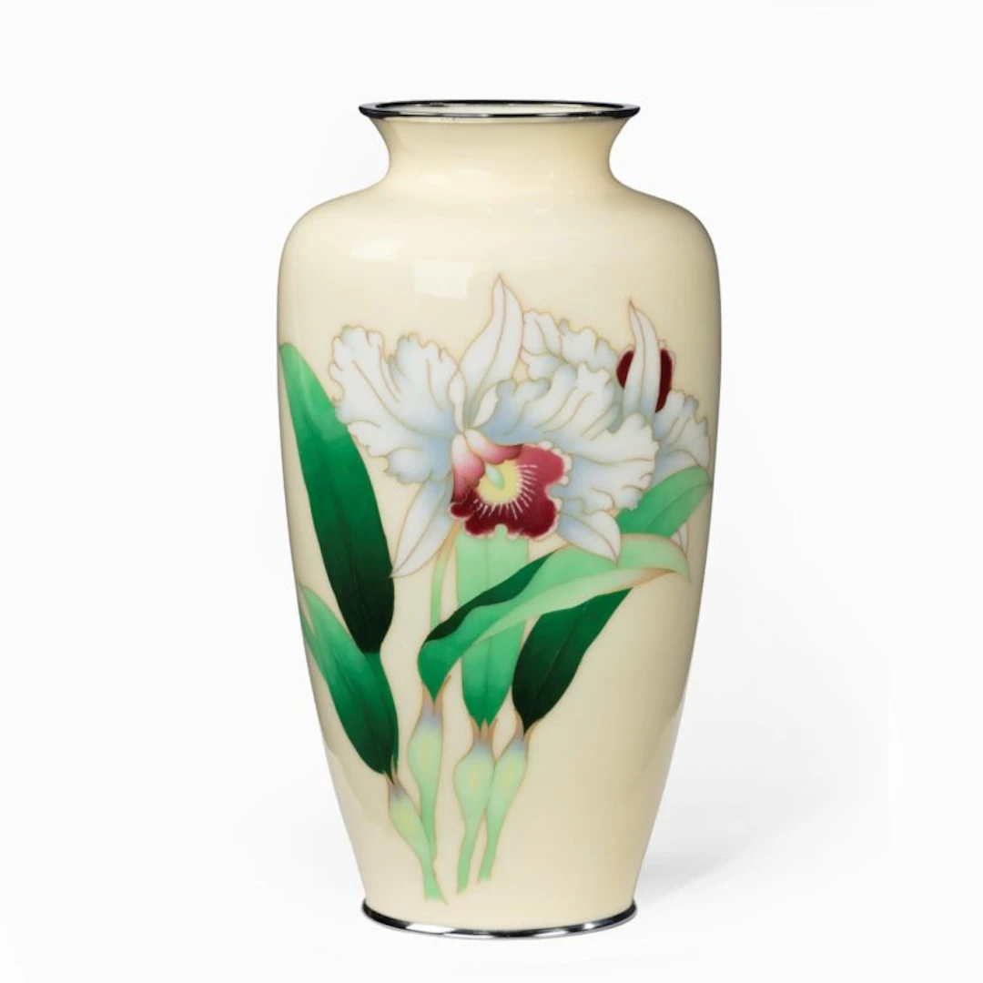 A Showa period tall cream ground cloisonne vase