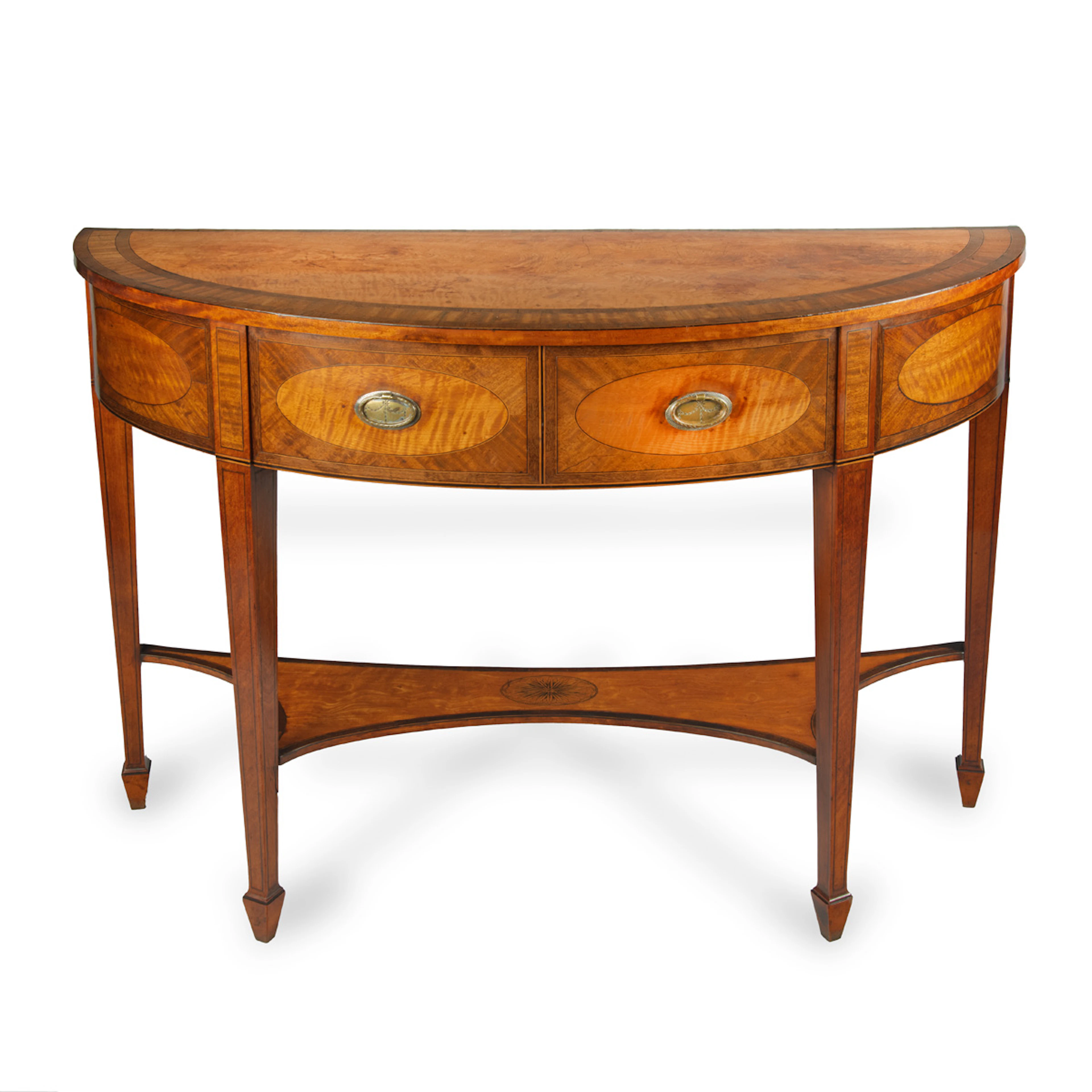 An Unusual Sheraton Period Satinwood Demilune Side Table with Undertier