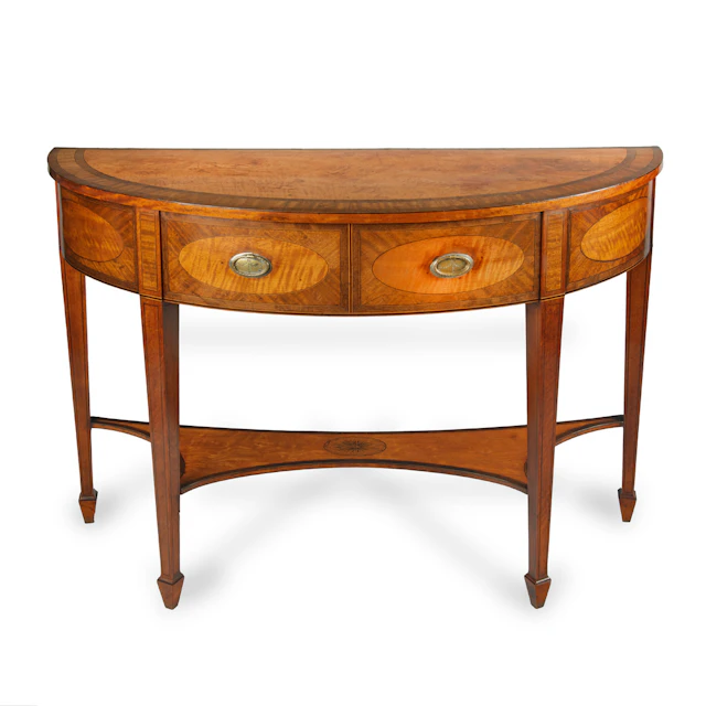 An Unusual Sheraton Period Satinwood Demilune Side Table with Undertier
