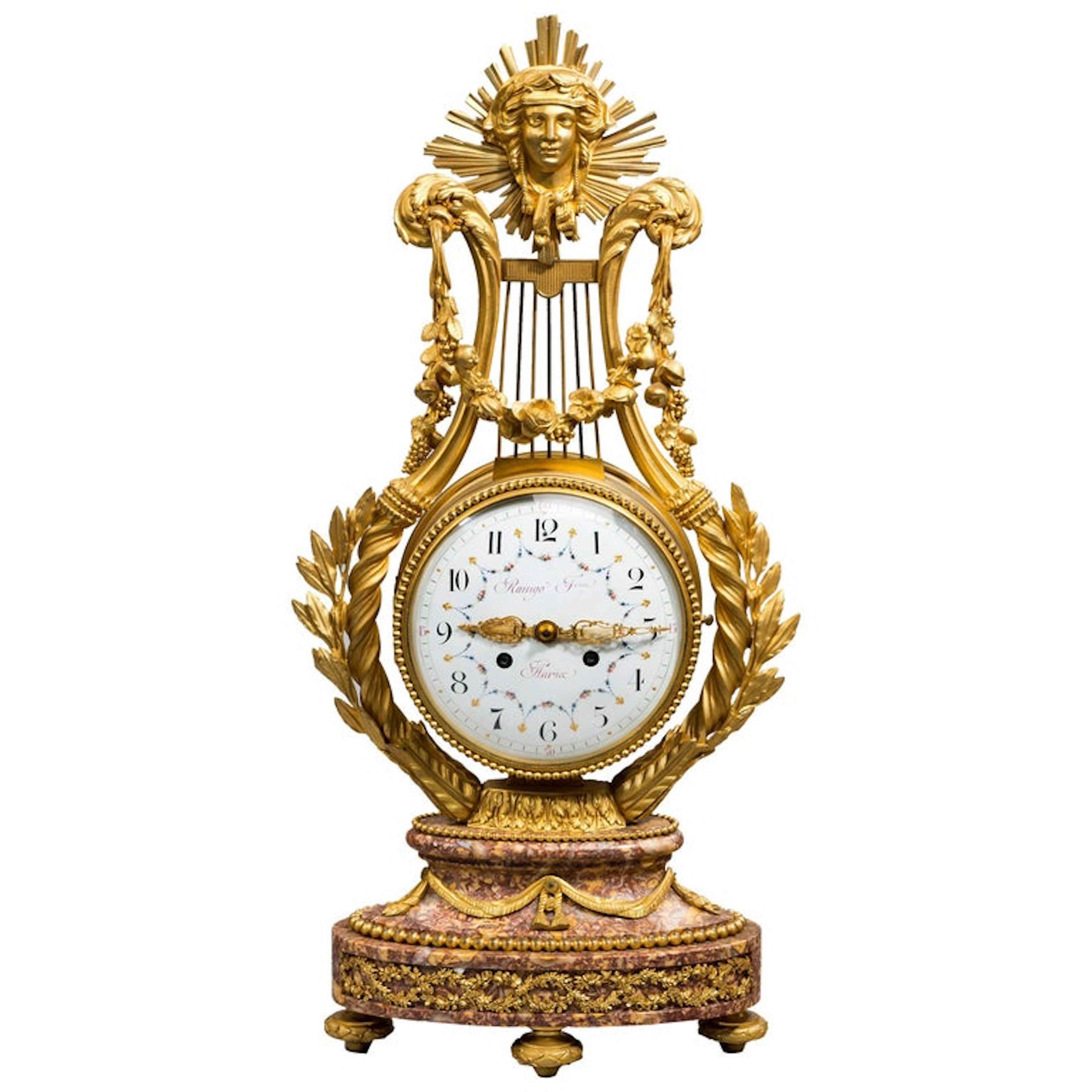A Napoleon III Lyre clock with ormolu hands