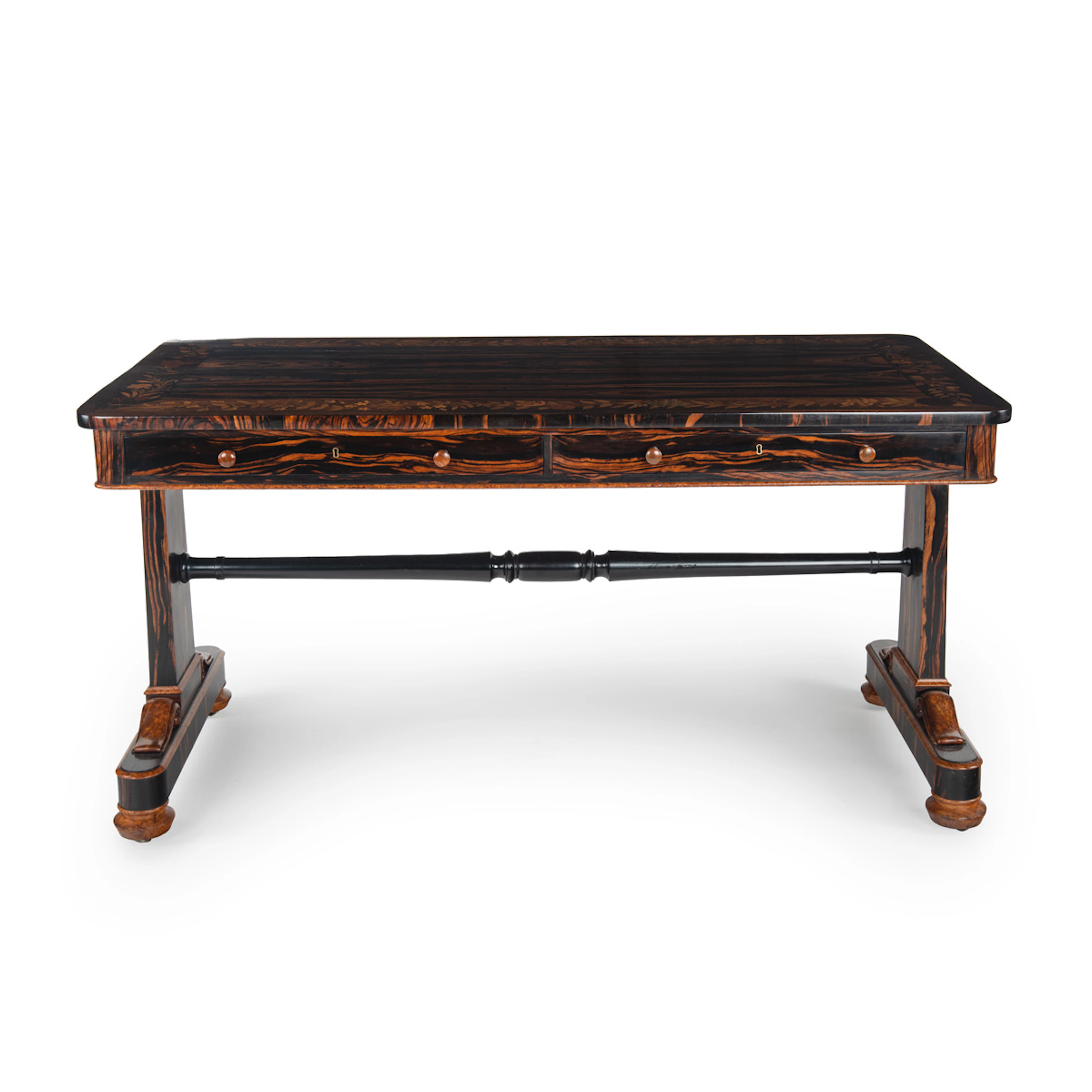 A Very Fine English Centre Table of Macassar Ebony and Amboyna with