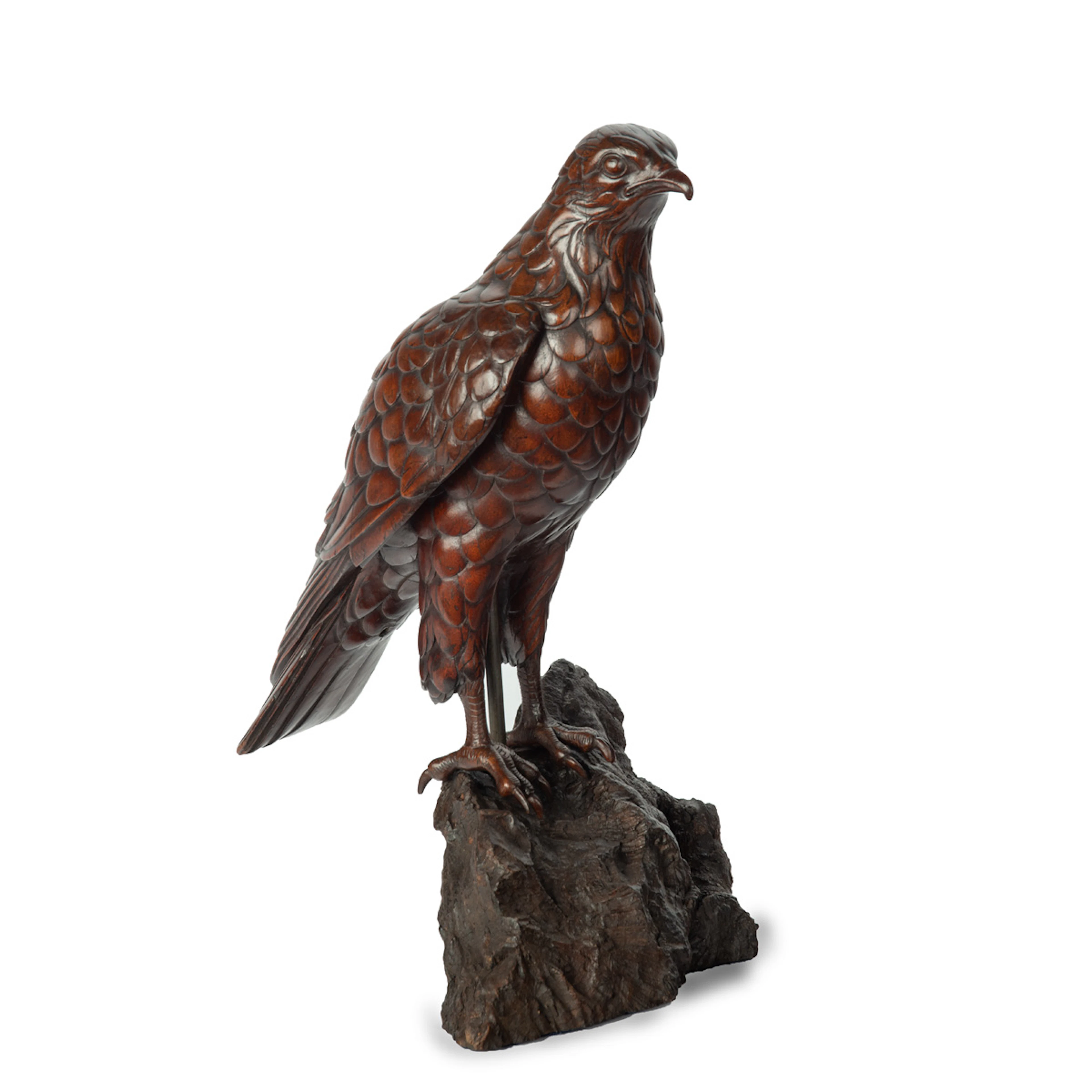 A Black Forest linden wood model of a hawk