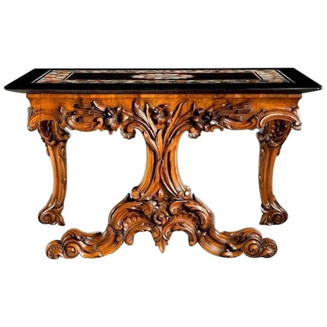 A walnut table with an Ashford marble top by Tudsbury of Edwinstowe