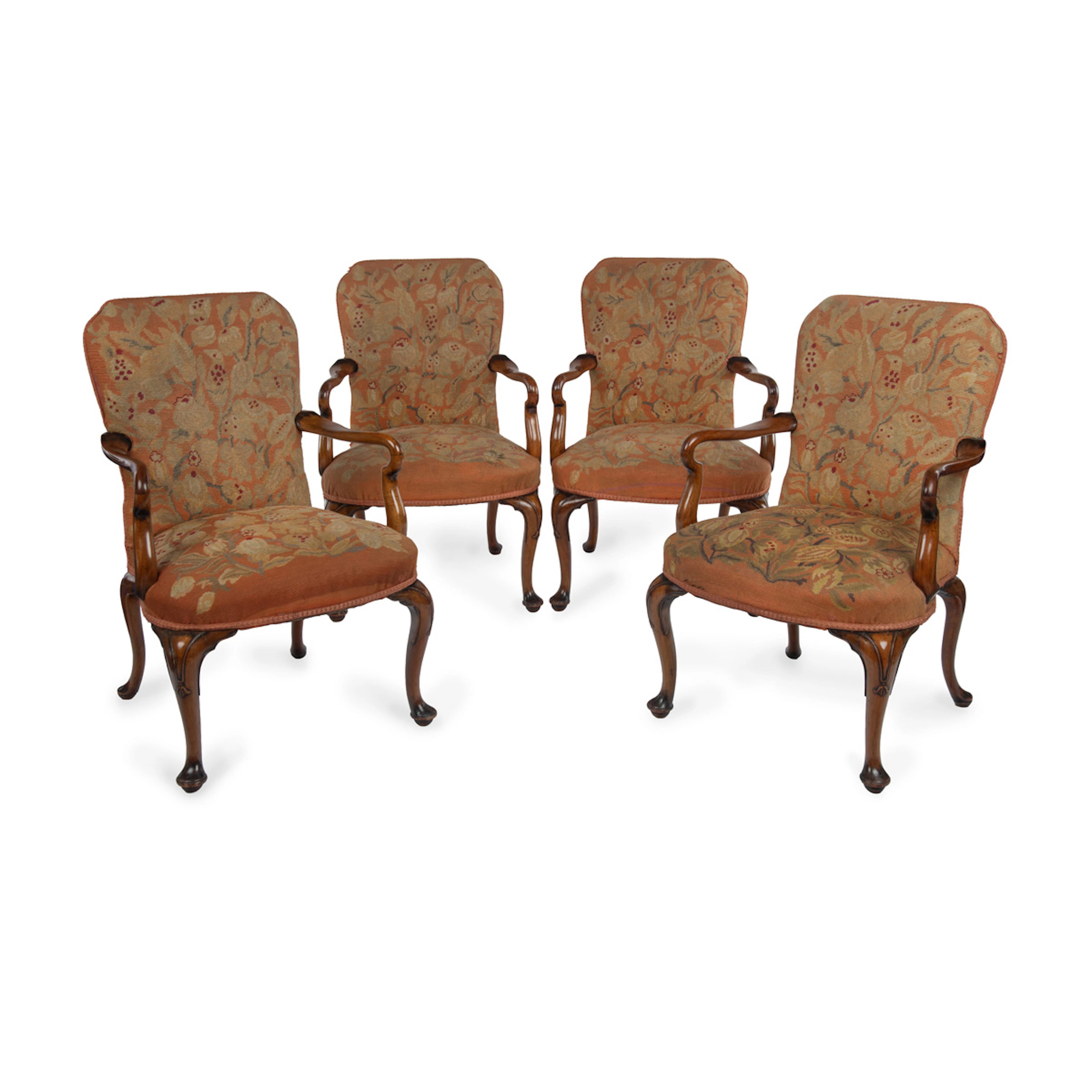 A Fine Set of Four George II Style Walnut Armchairs with Original