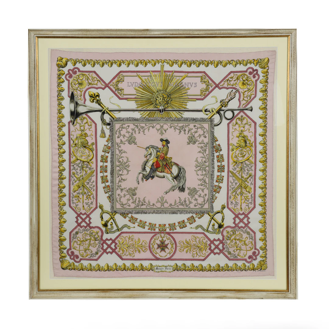 A fine framed Hermès 90 silk square of Ludvicus Magnus (Louis XIV)