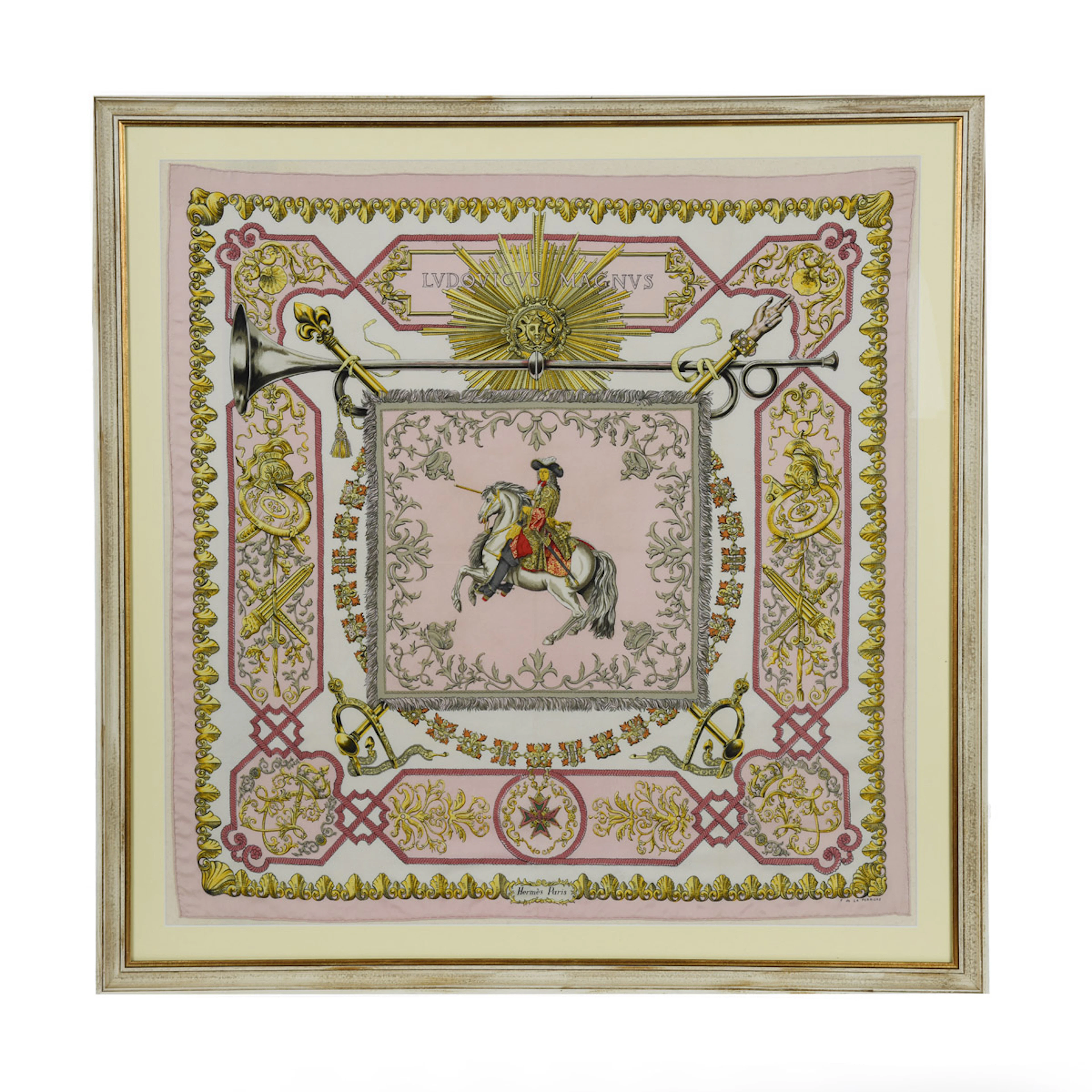 A fine framed Hermès 90 silk square of Ludvicus Magnus (Louis XIV)