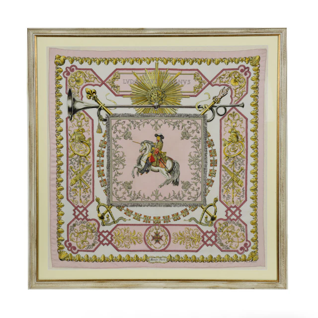A fine framed Hermès 90 silk square of Ludvicus Magnus (Louis XIV)