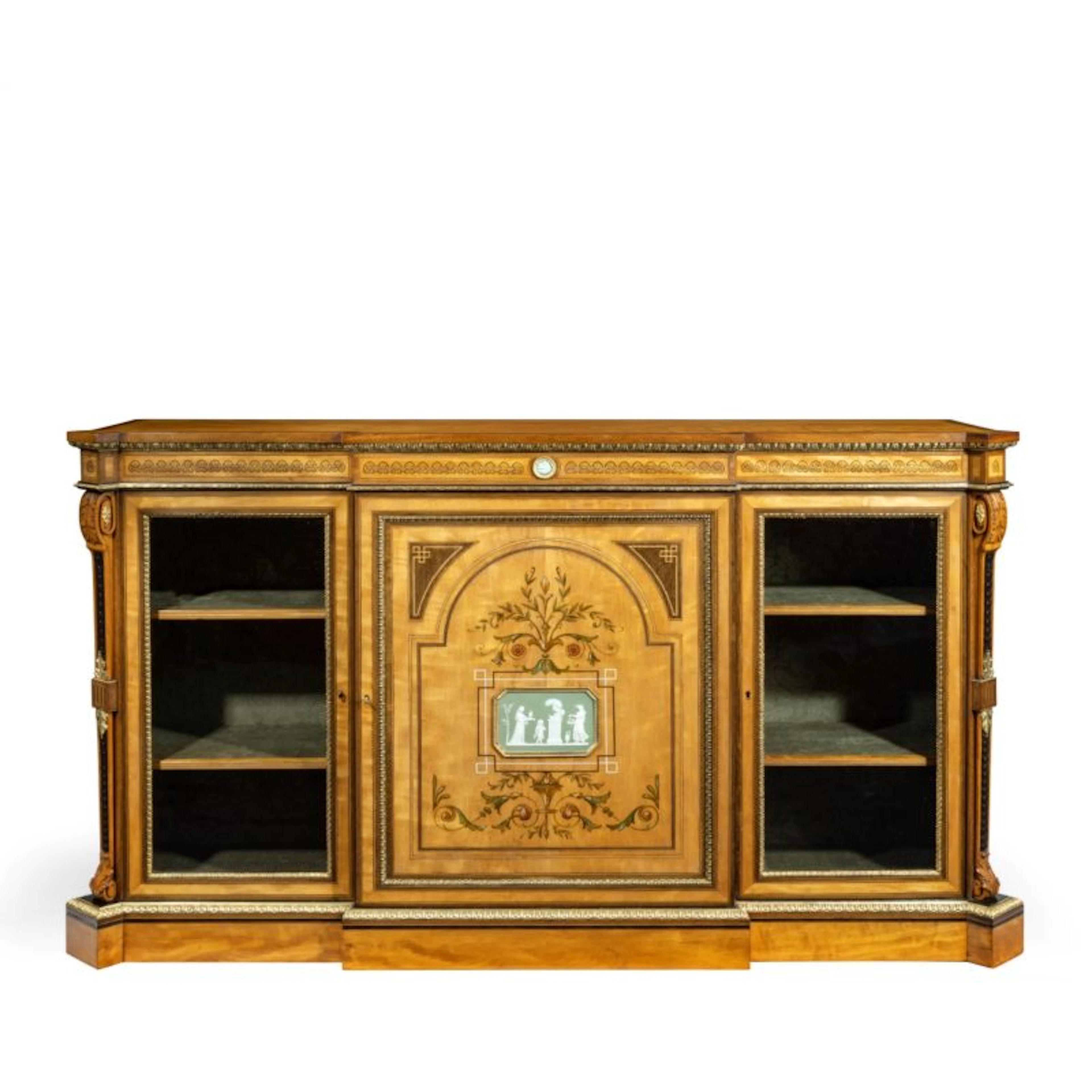 A Victorian satinwood breakfront side cabinet with Wedgwood plaques