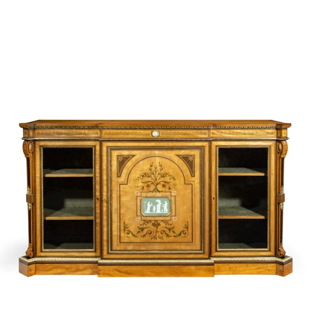 A Victorian satinwood breakfront side cabinet with Wedgwood plaques