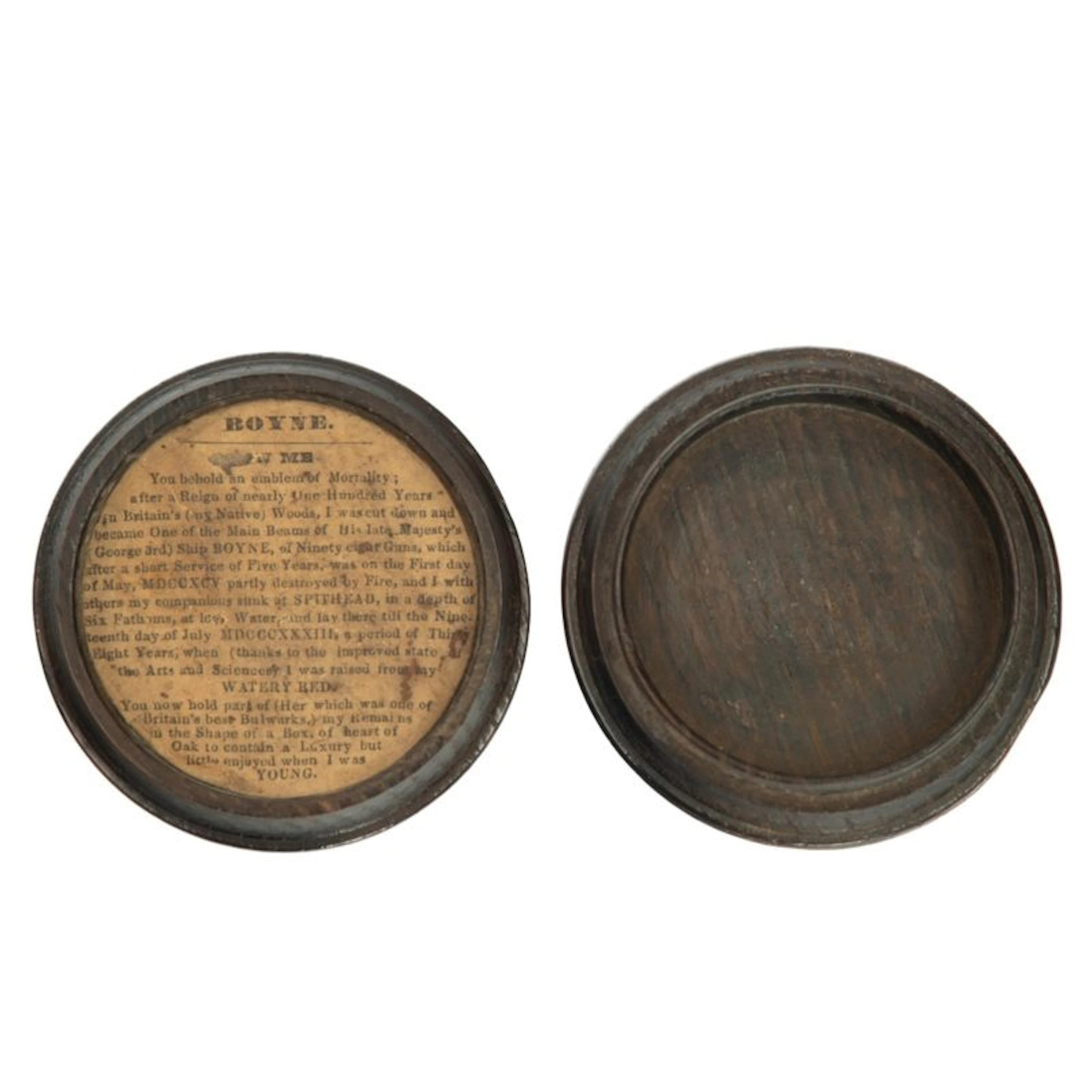 A black oak snuff box made from timber recovered from H.M.S. Boyne