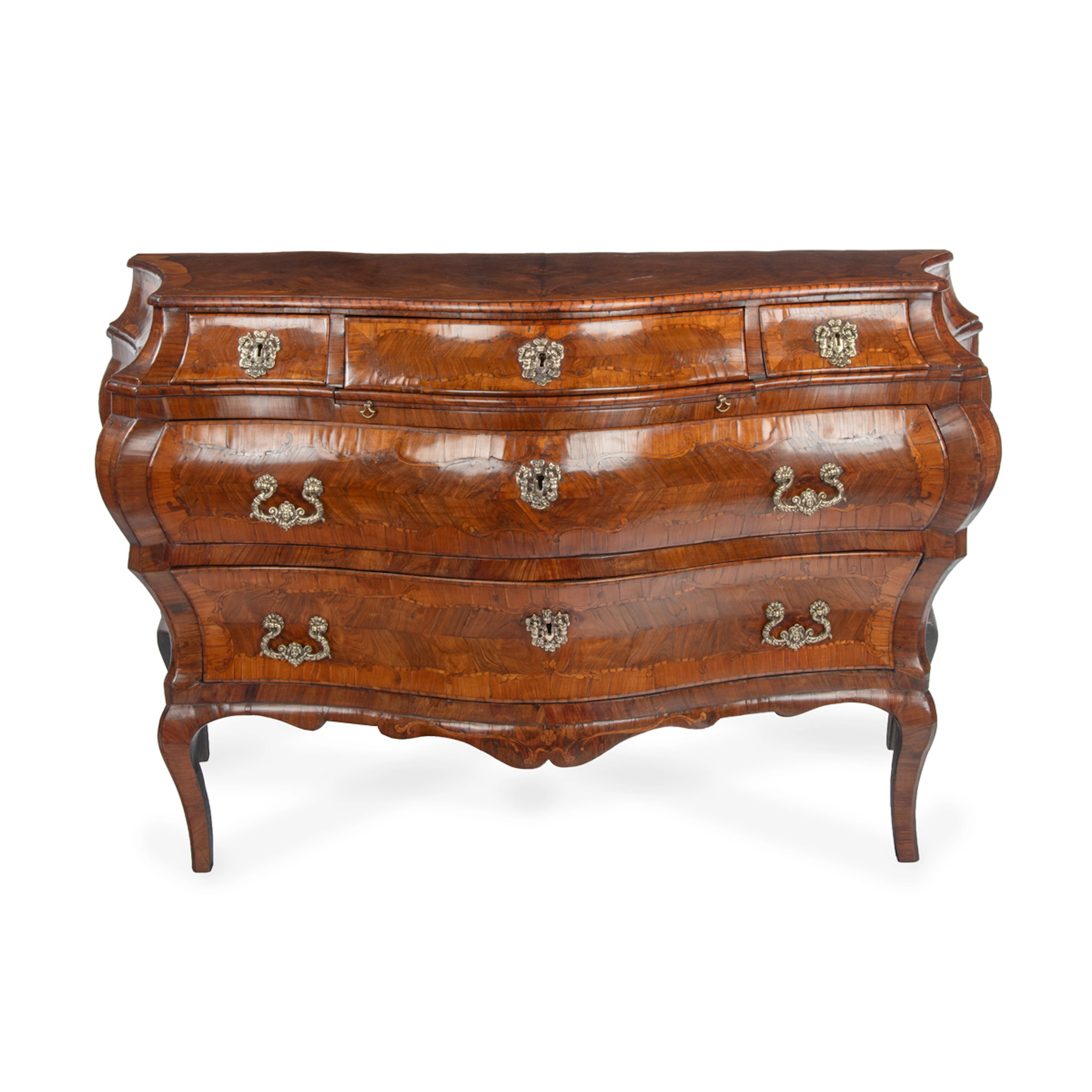 A Fine Venetian Walnut and Tulipwood Bombé Commode, Italian c.1760